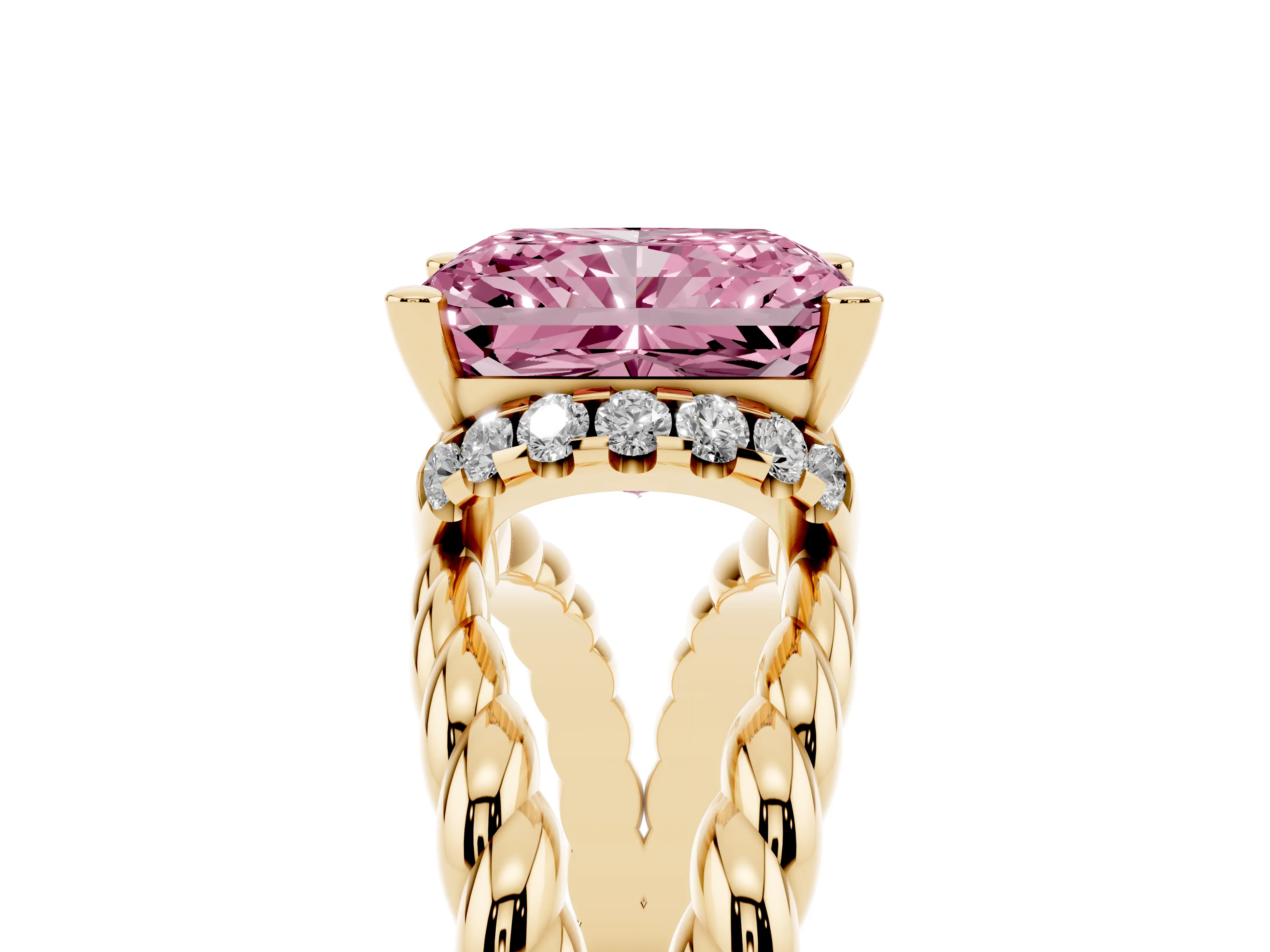 Fancy Pink Radiant Cut Diamond Halo Ring Set in Yellow gold with Twisted Band and Prong Setting
