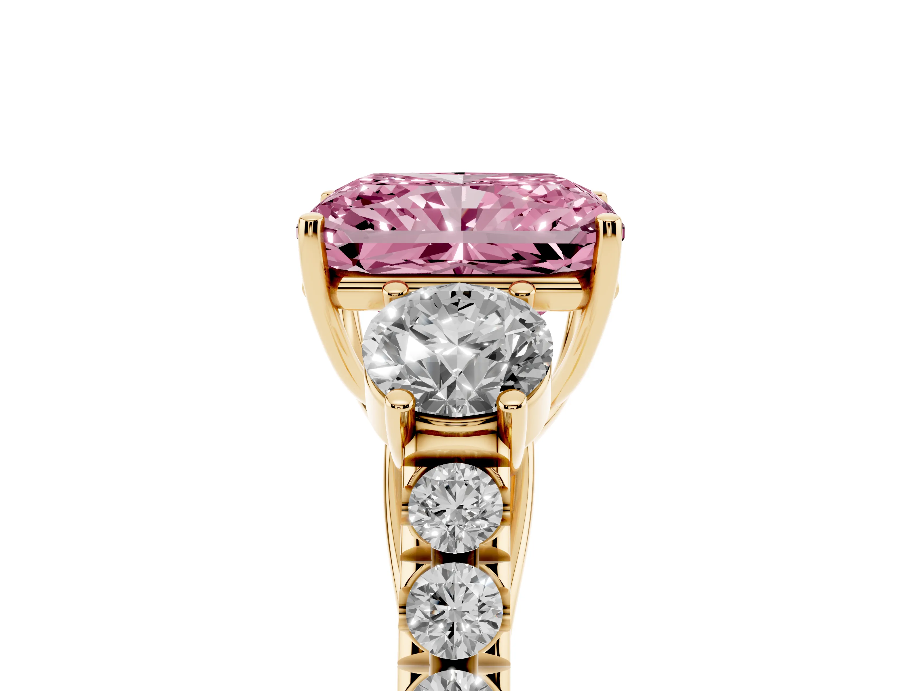 Fancy Pink Radiant Cut Diamond Three-Stone Ring Set in Yellow gold with Round Side Stones and Delicate Pavé Band