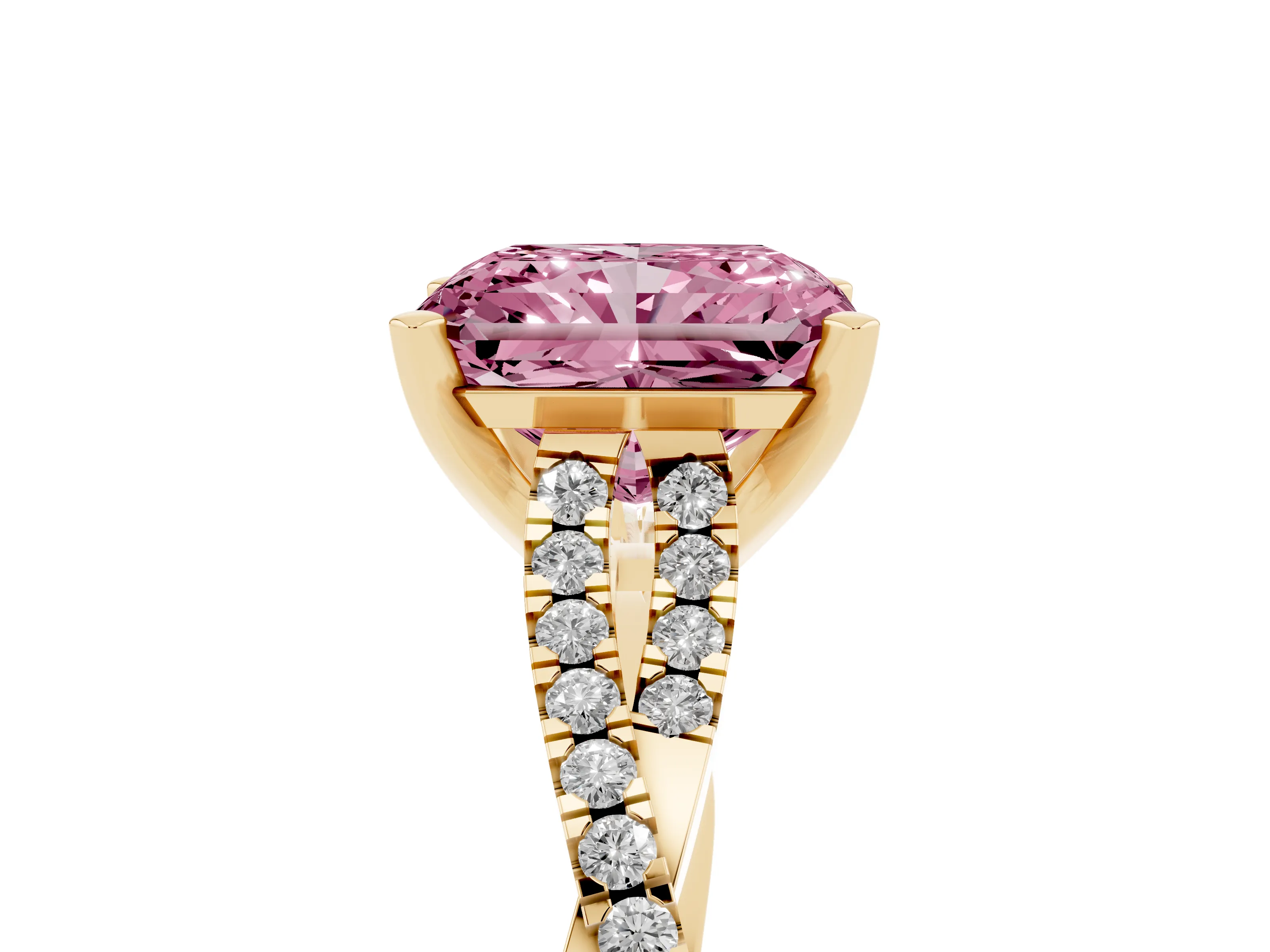 Fancy Pink Radiant Cut Diamond Solitaire Engagement Ring Set in Yellow gold with Twisted Pavé Band and Prong Setting