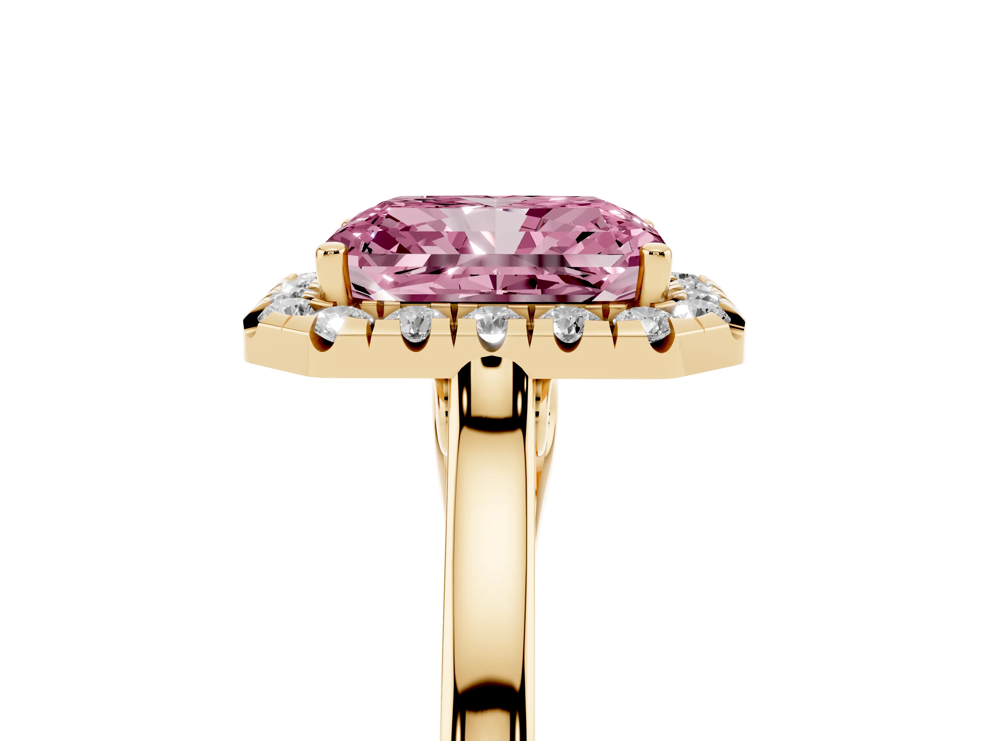 Fancy Pink Radiant Cut Halo Round Diamond Solitaire Ring Set in Yellow gold with Pavé Band and Prong Setting