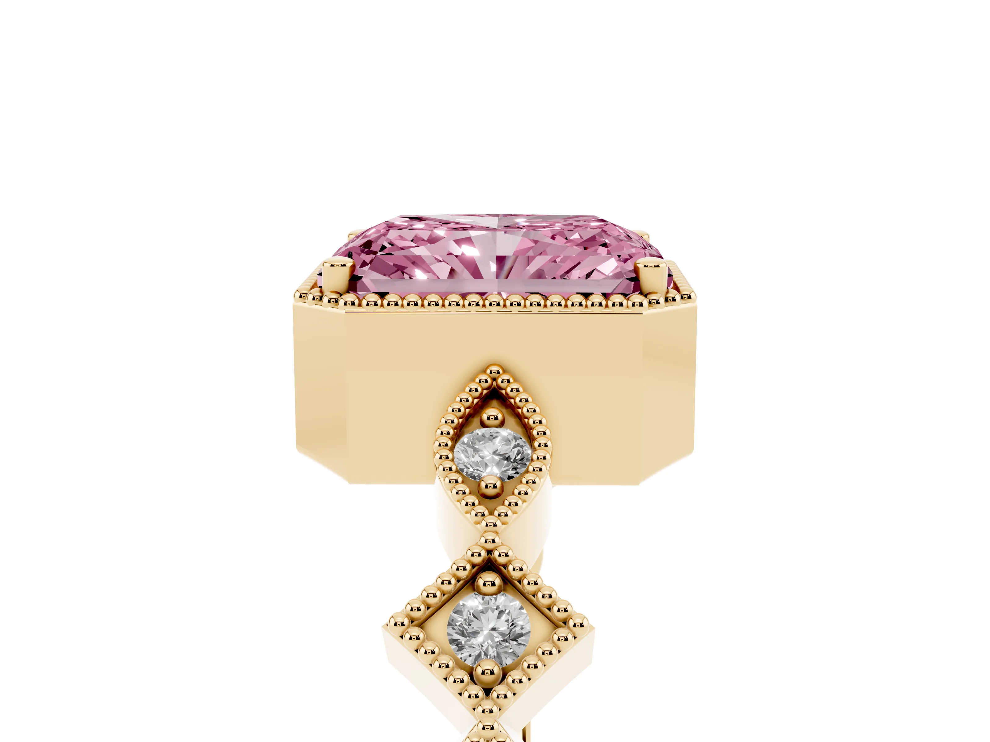Fancy Pink Radiant Cut Diamond Milgrain Marquise Twist Band Ring Set in Yellow gold with Prong Setting