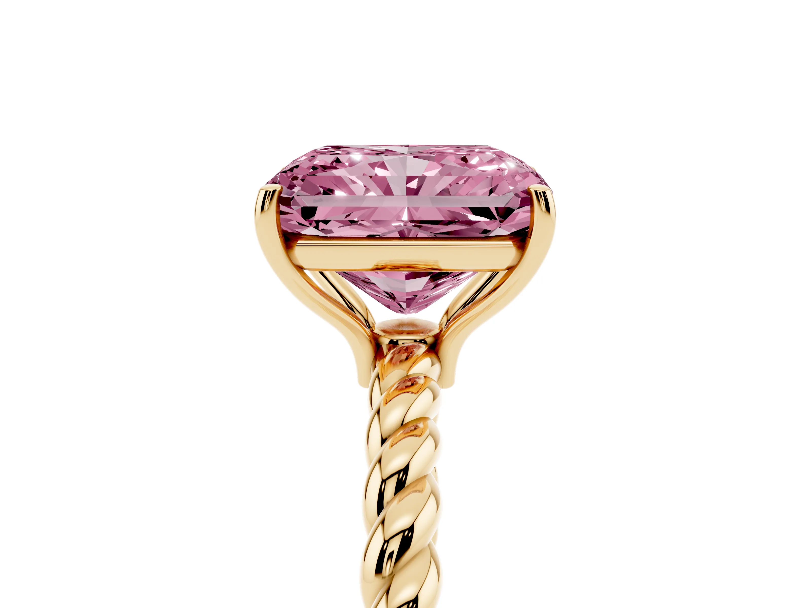 Fancy Pink Radiant Cut Diamond Solitaire Ring Set in Yellow gold with Twist Band and Prong Setting