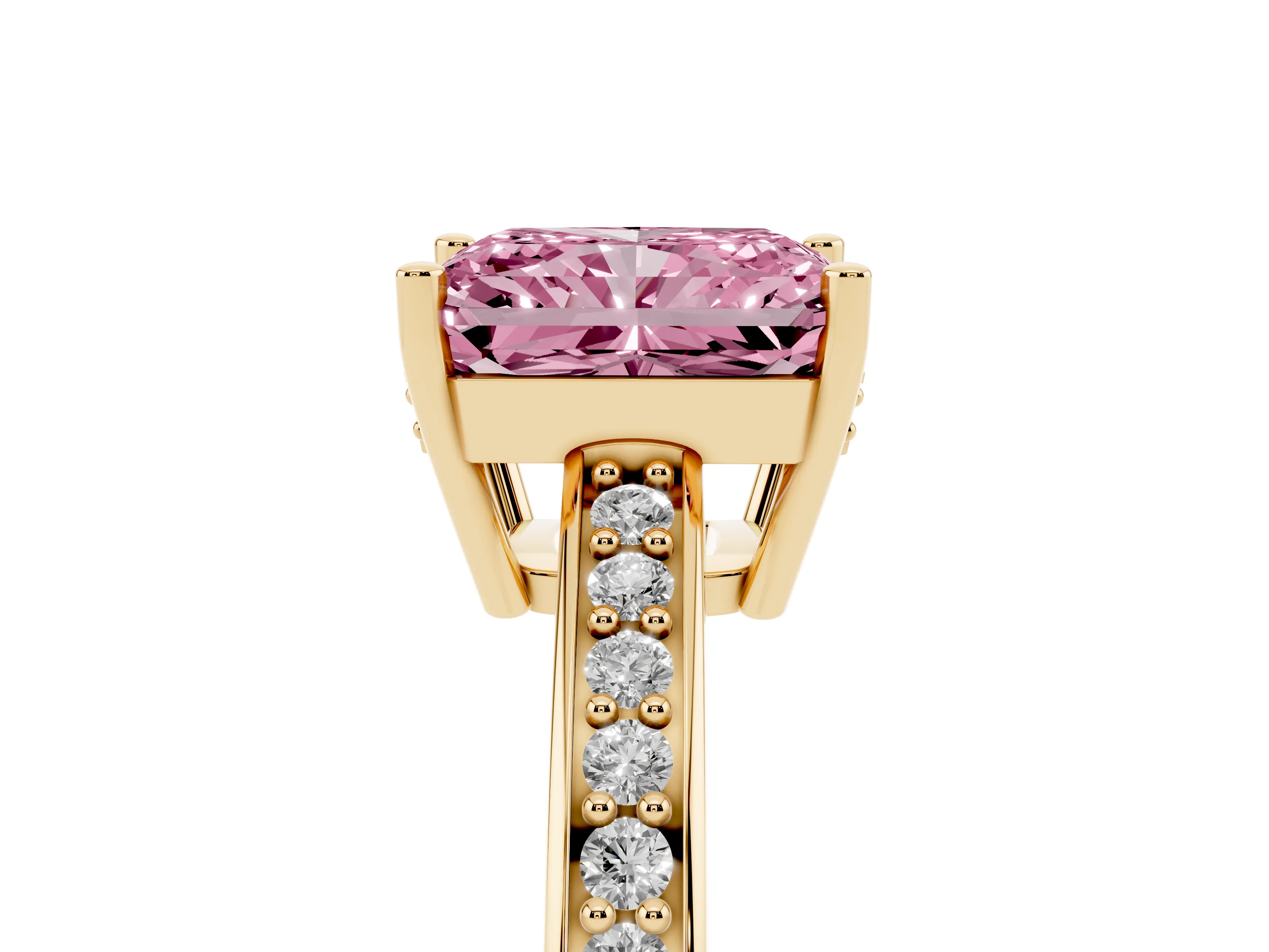 Fancy Pink Radiant Cut Diamond Pavé Band Prong Set Solitaire Ring Set in Yellow gold