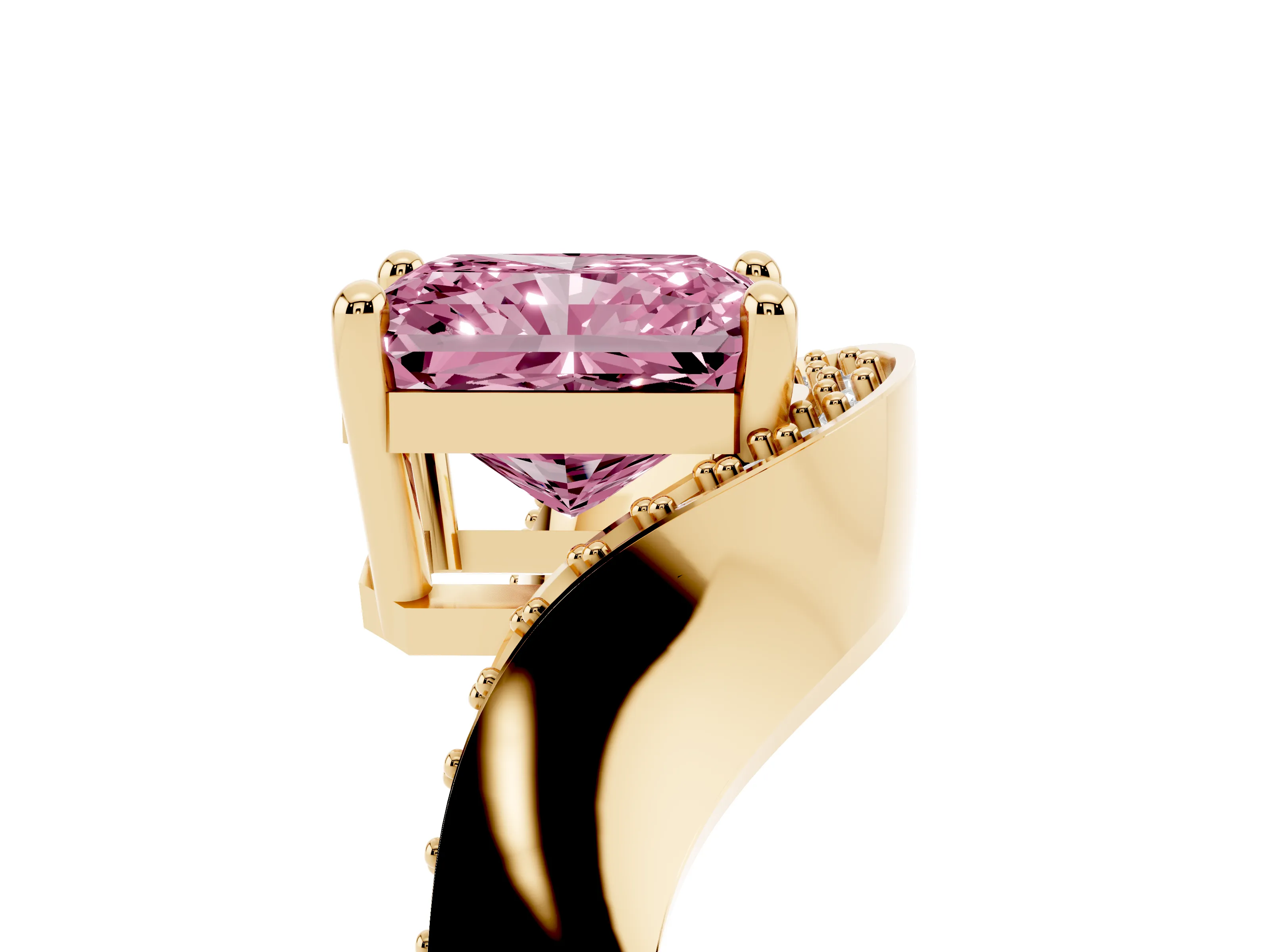 Fancy Pink Radiant Cut Diamond Solitaire Engagement Ring Set in Yellow gold with Pavé Shoulders
