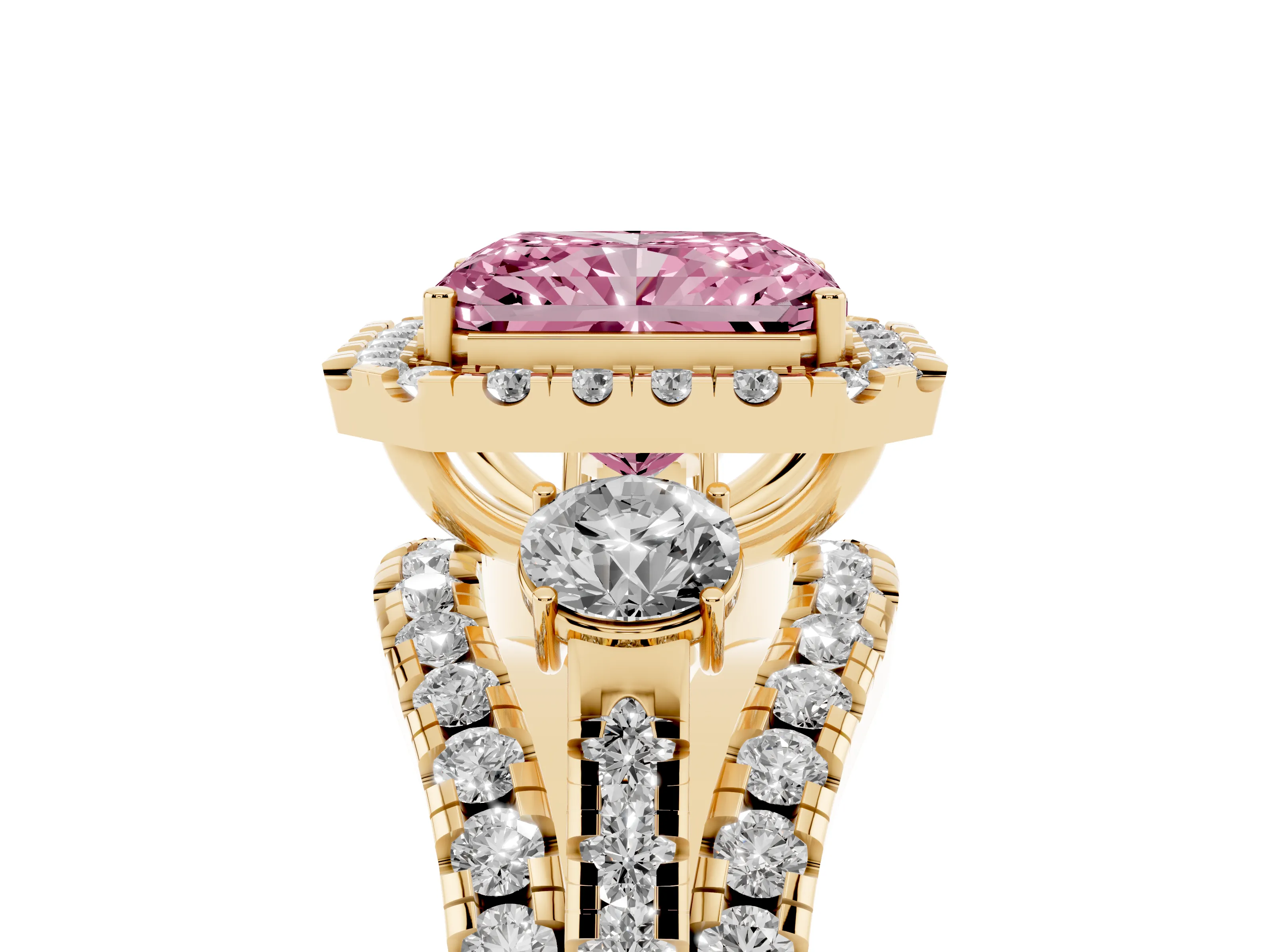 Fancy Pink Radiant Cut Diamond Halo Split Shank Ring Set in Yellow gold with Round Accent Stones and Prong Setting