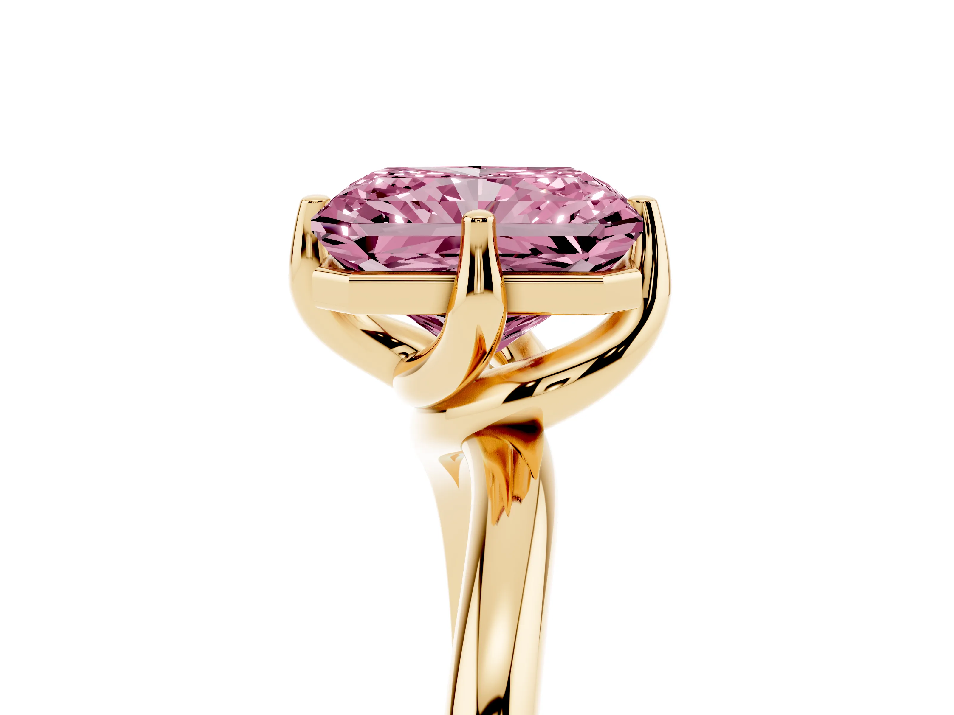 Fancy Pink Radiant Cut Diamond Solitaire Engagement Ring Set in Yellow gold with Classic Plain Band