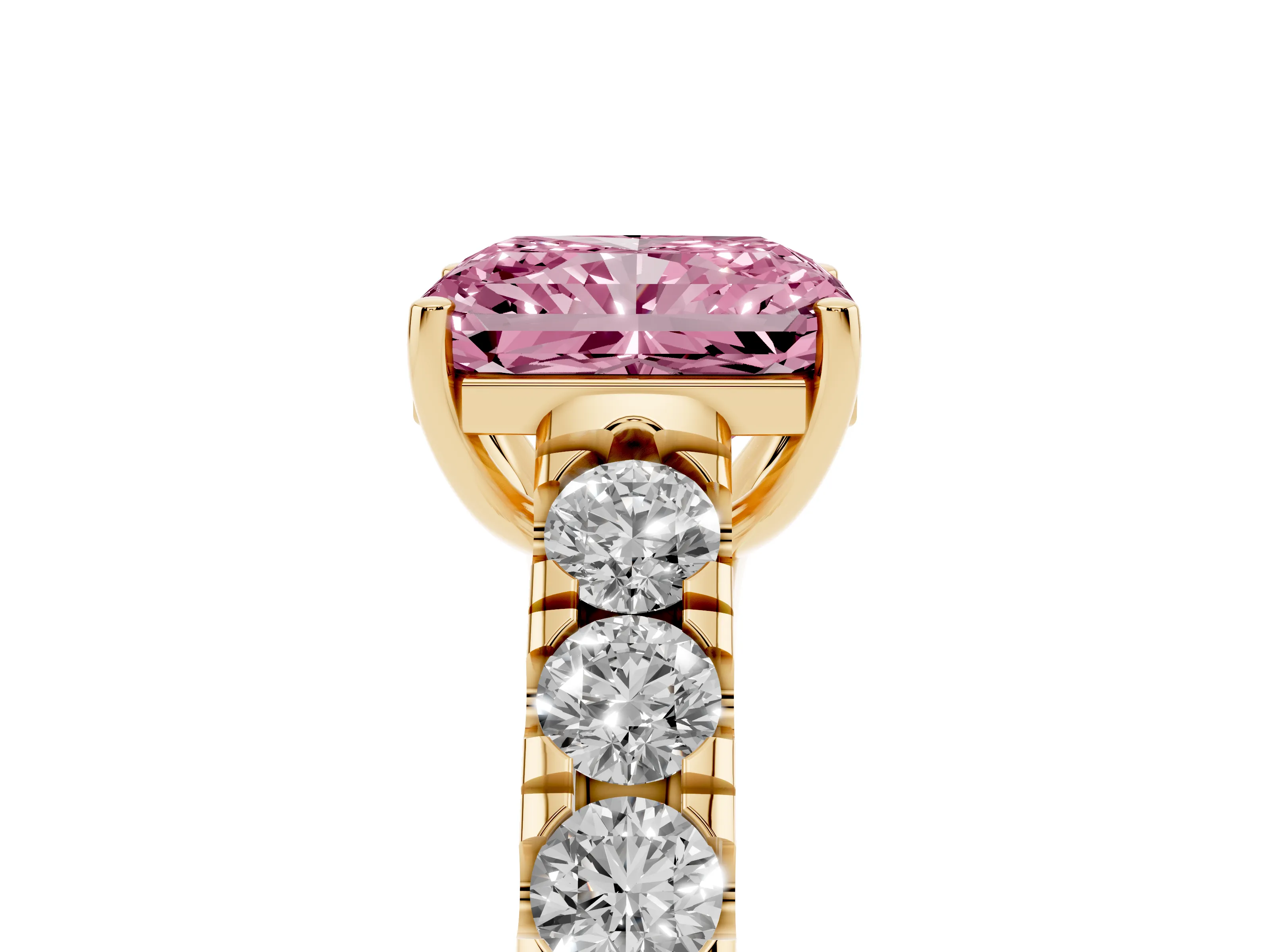 Fancy Pink Radiant Cut Diamond Solitaire Ring Set in Yellow gold with Cut-Down Micro Pavé Band and Prong Setting