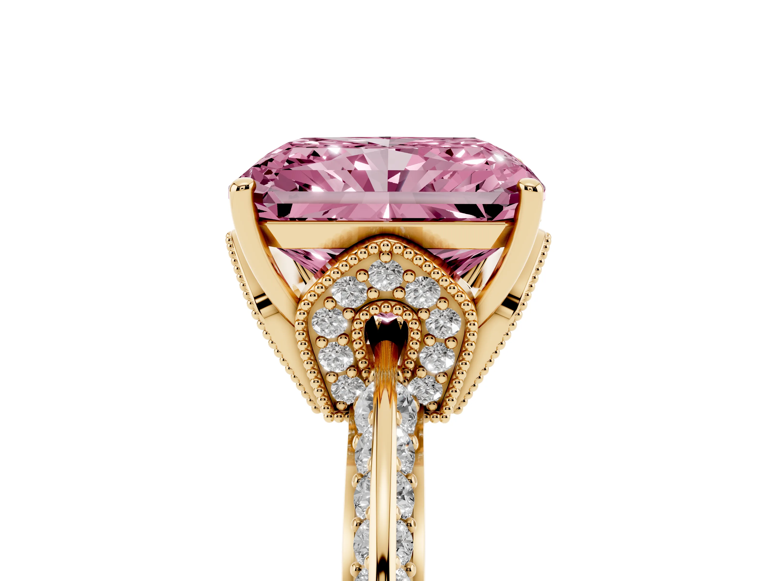Fancy Pink Radiant Cut Diamond Solitaire Engagement Ring Set in Yellow gold with Pavé Split Shank and Prong Setting