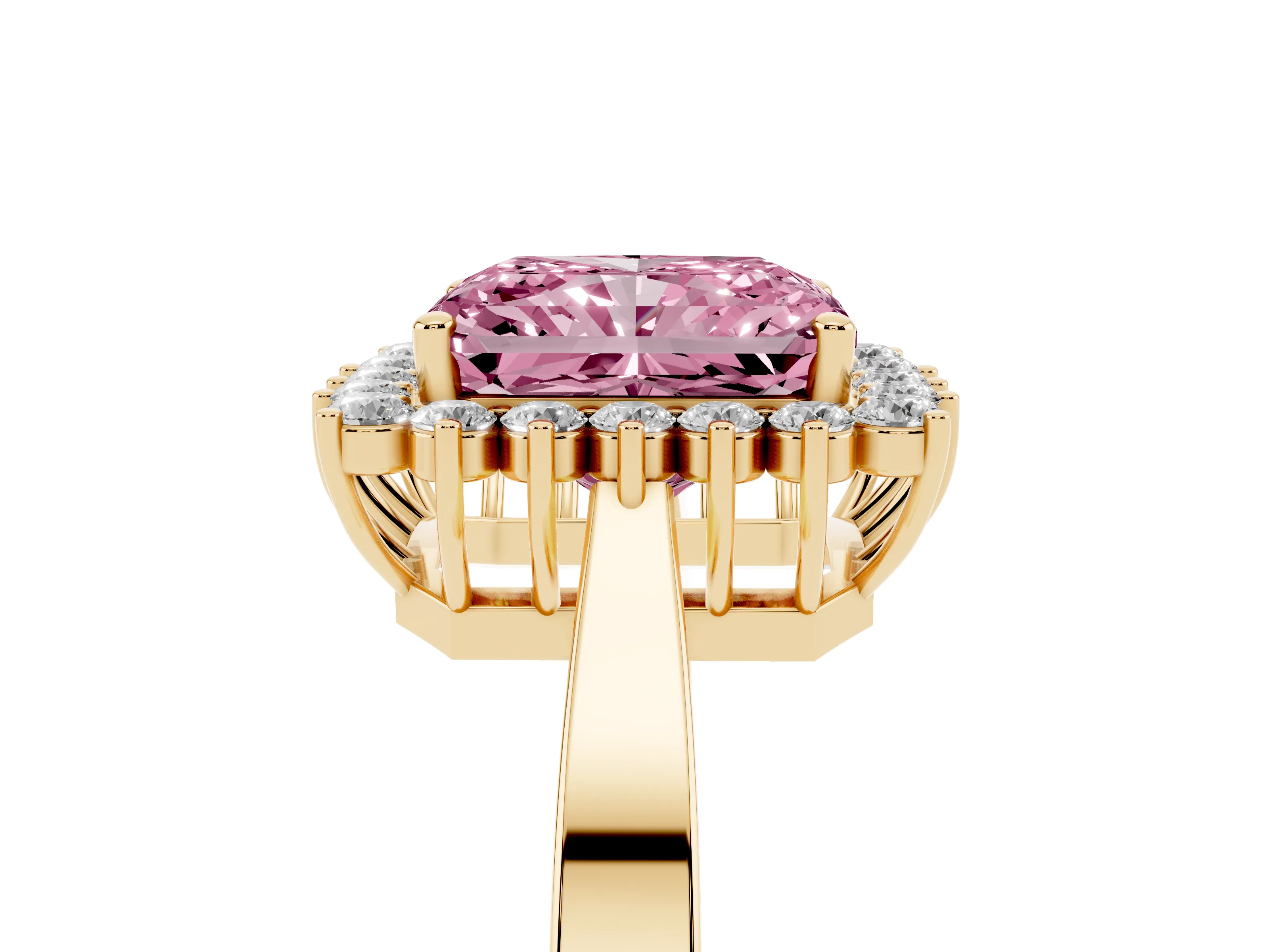 Fancy Pink Radiant Cut Diamond Halo Ring Set in Yellow gold with Round Halo and Smooth Solitaire Band
