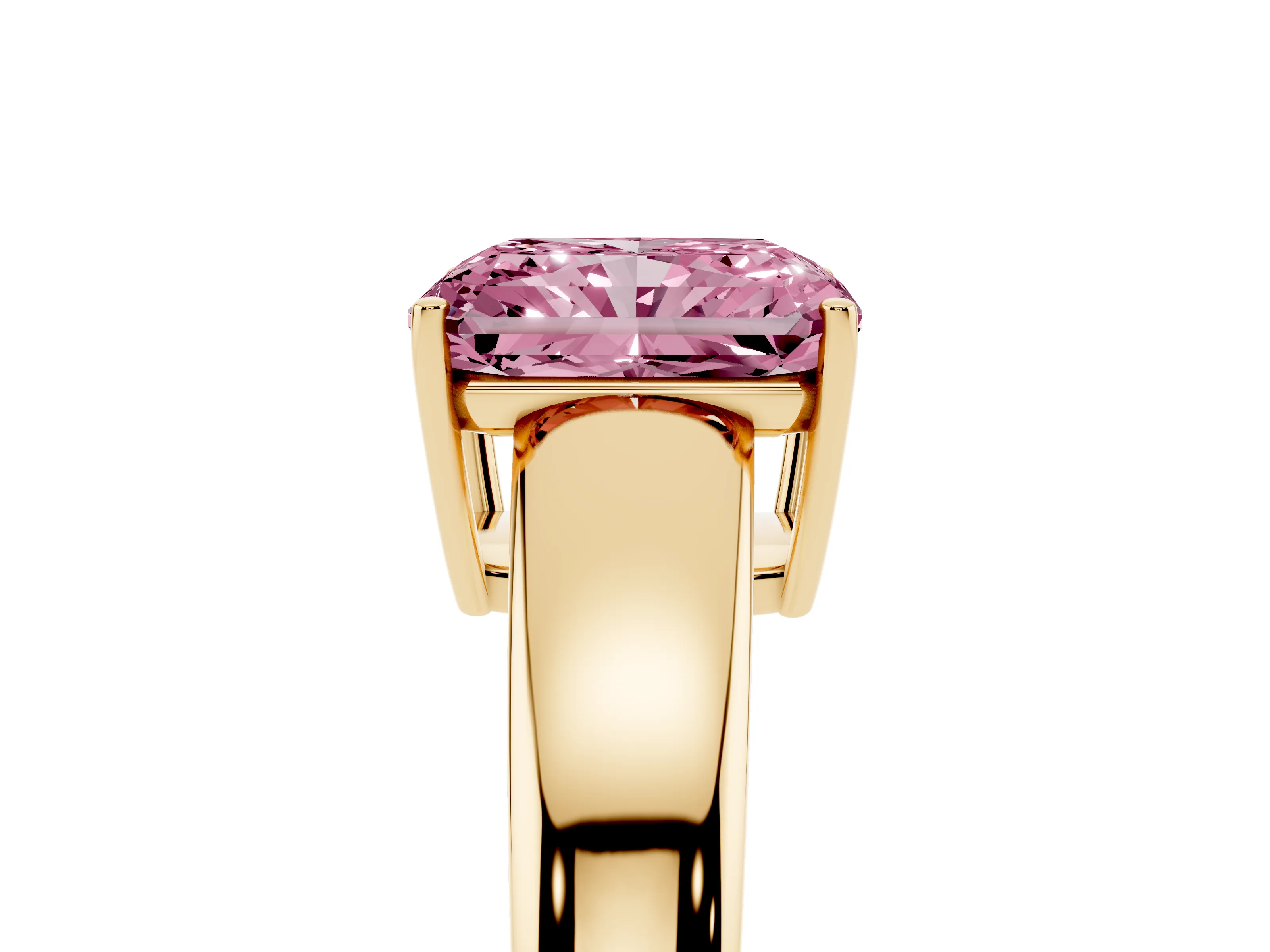 Fancy Pink Radiant Cut Diamond Solitaire Ring Set in Yellow gold with Tapered Band and Prong Setting