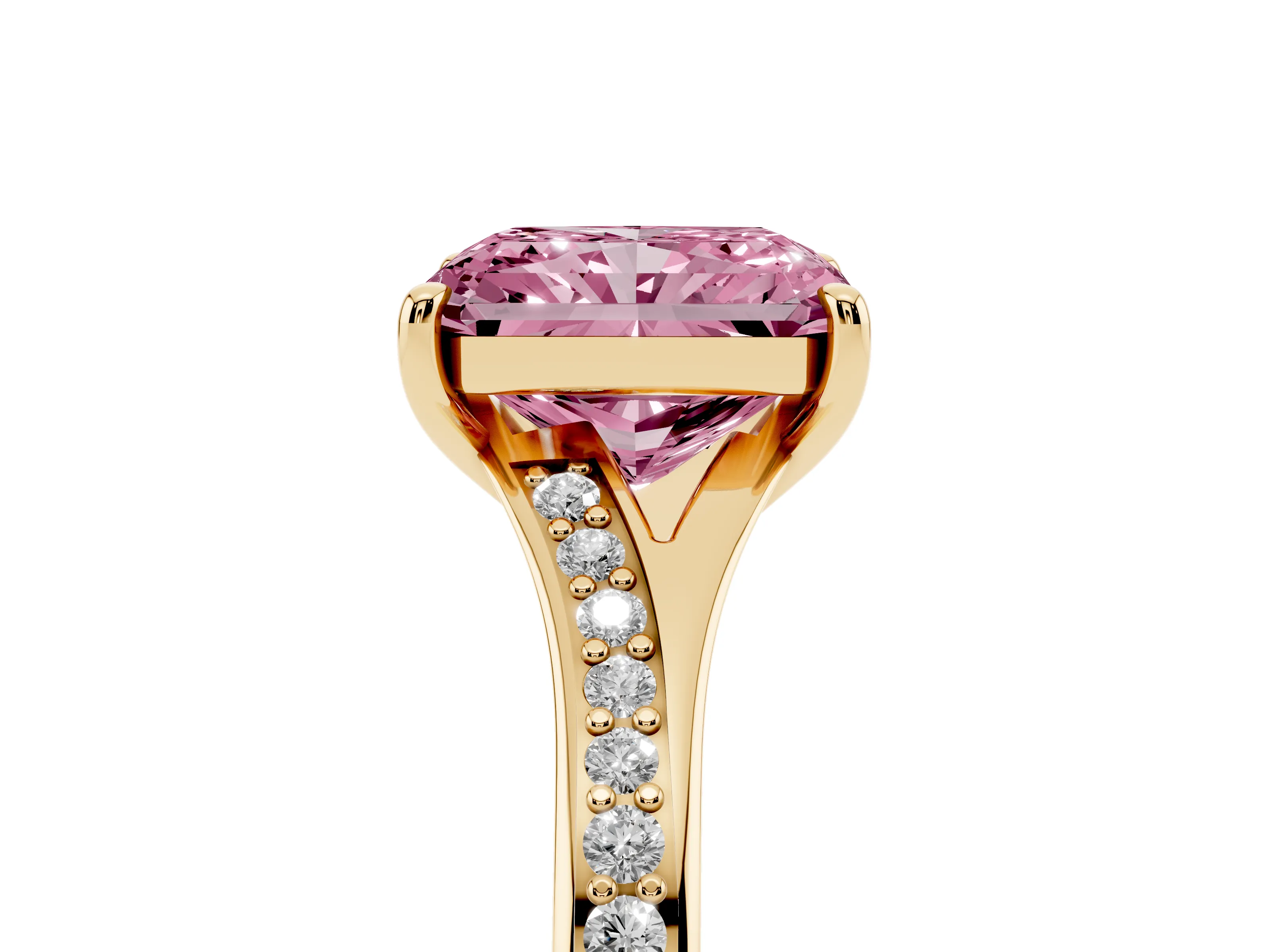 Fancy Pink Radiant Cut Diamond Solitaire Ring Set in Yellow gold with Pavé Accent Band and Classic Prong Setting
