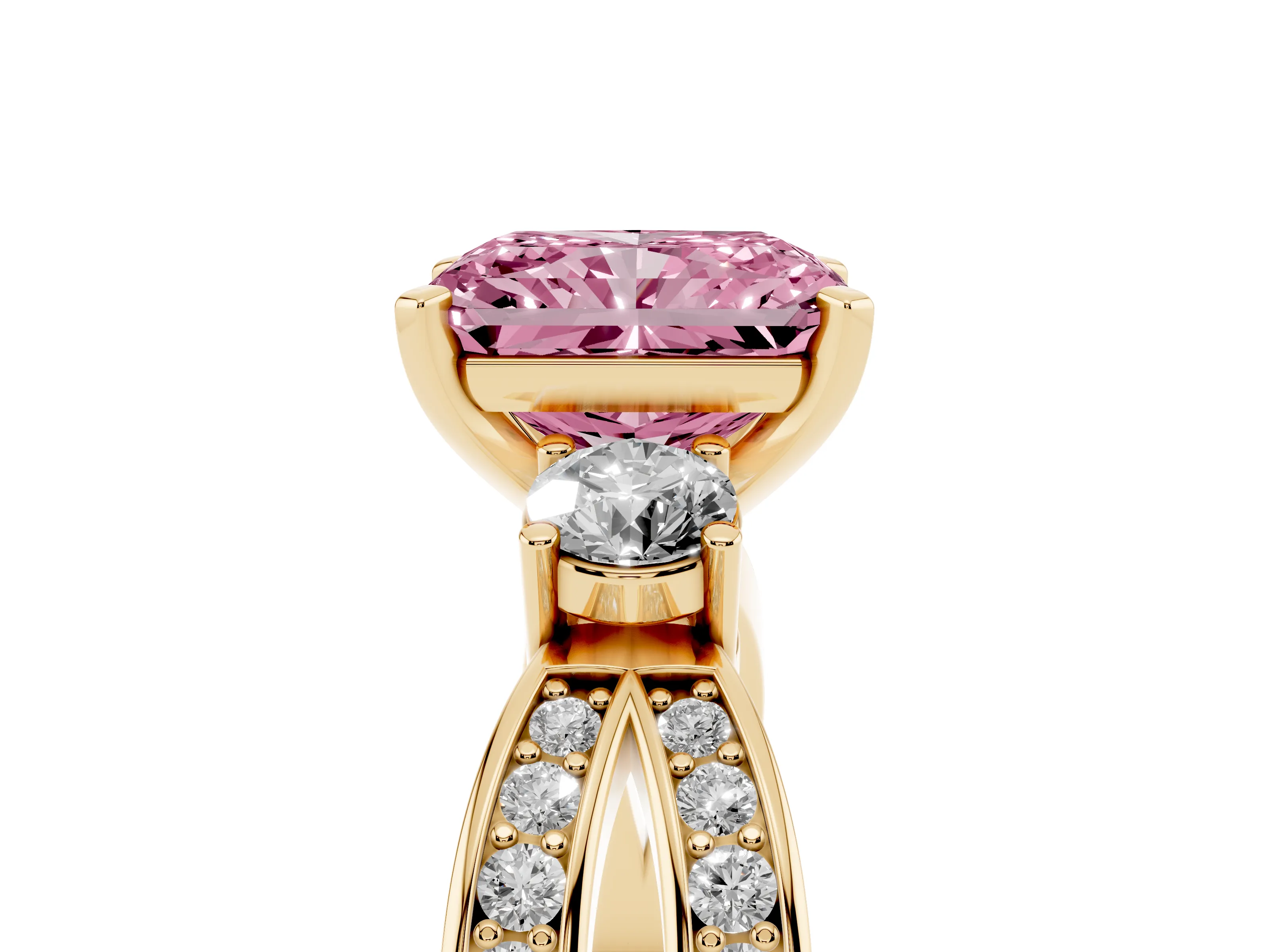 Fancy Pink Three-Stone Radiant Cut Diamond Twist Band Ring Set in Yellow gold with Pavé Accents and Prong Setting