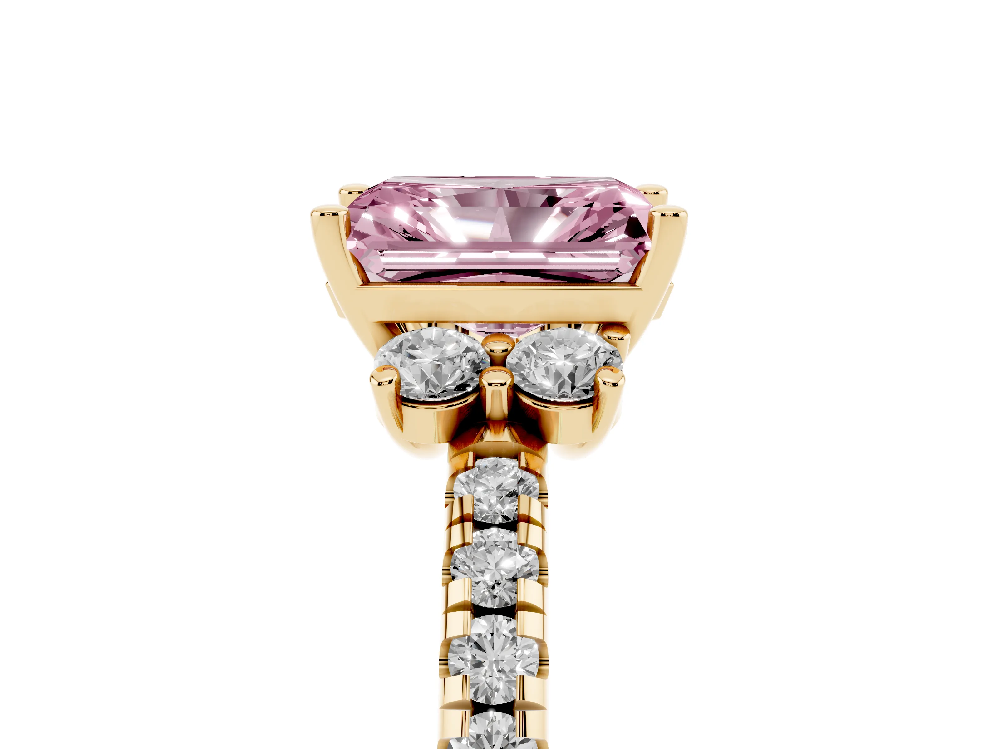 Fancy Pink Radiant Cut Diamond Three-Stone Pavé Ring Set in Yellow gold with Prong Setting