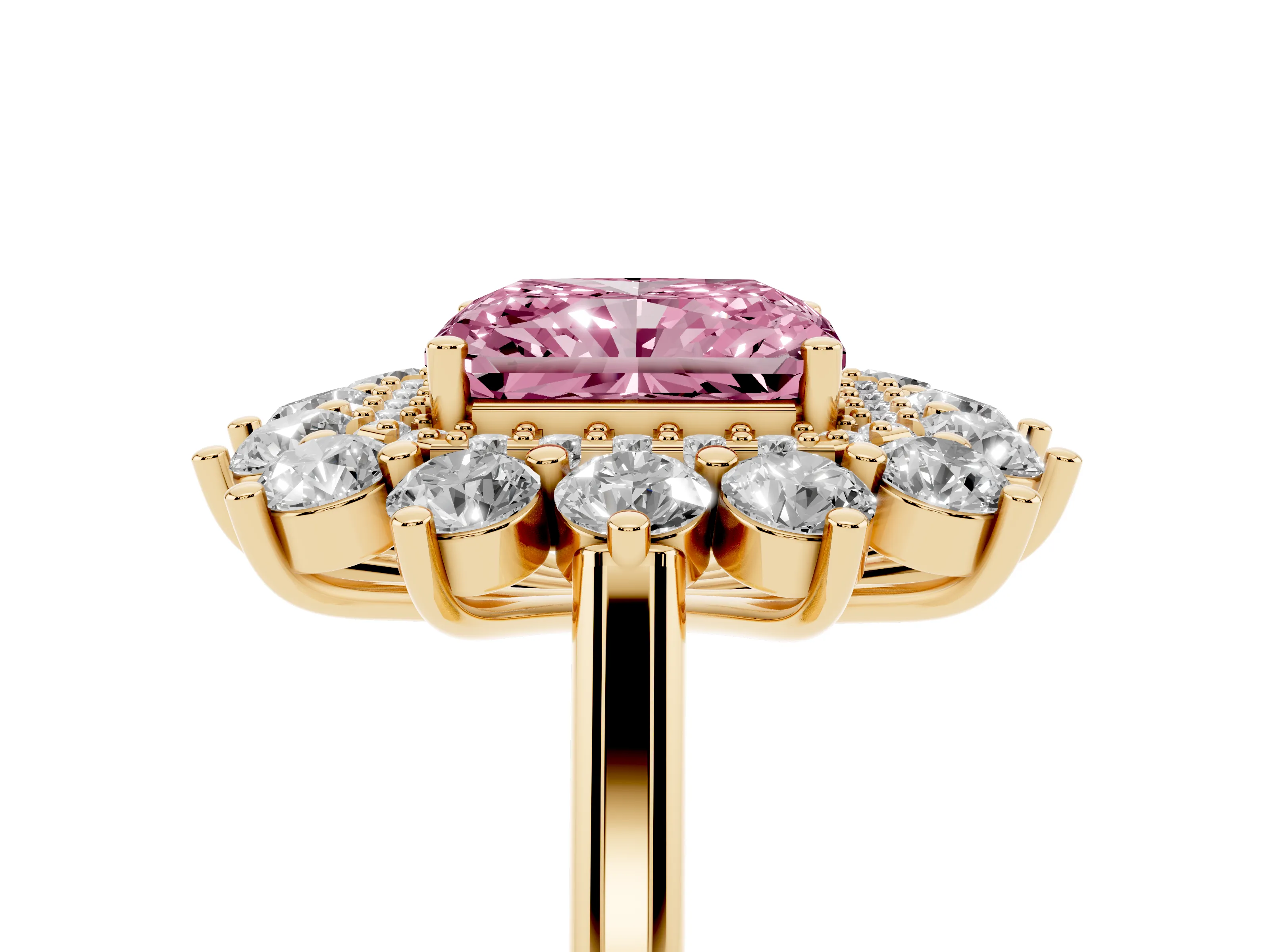 Fancy Pink Radiant Cut Diamond Floral Double Halo Ring Set in Yellow gold with Round Petals