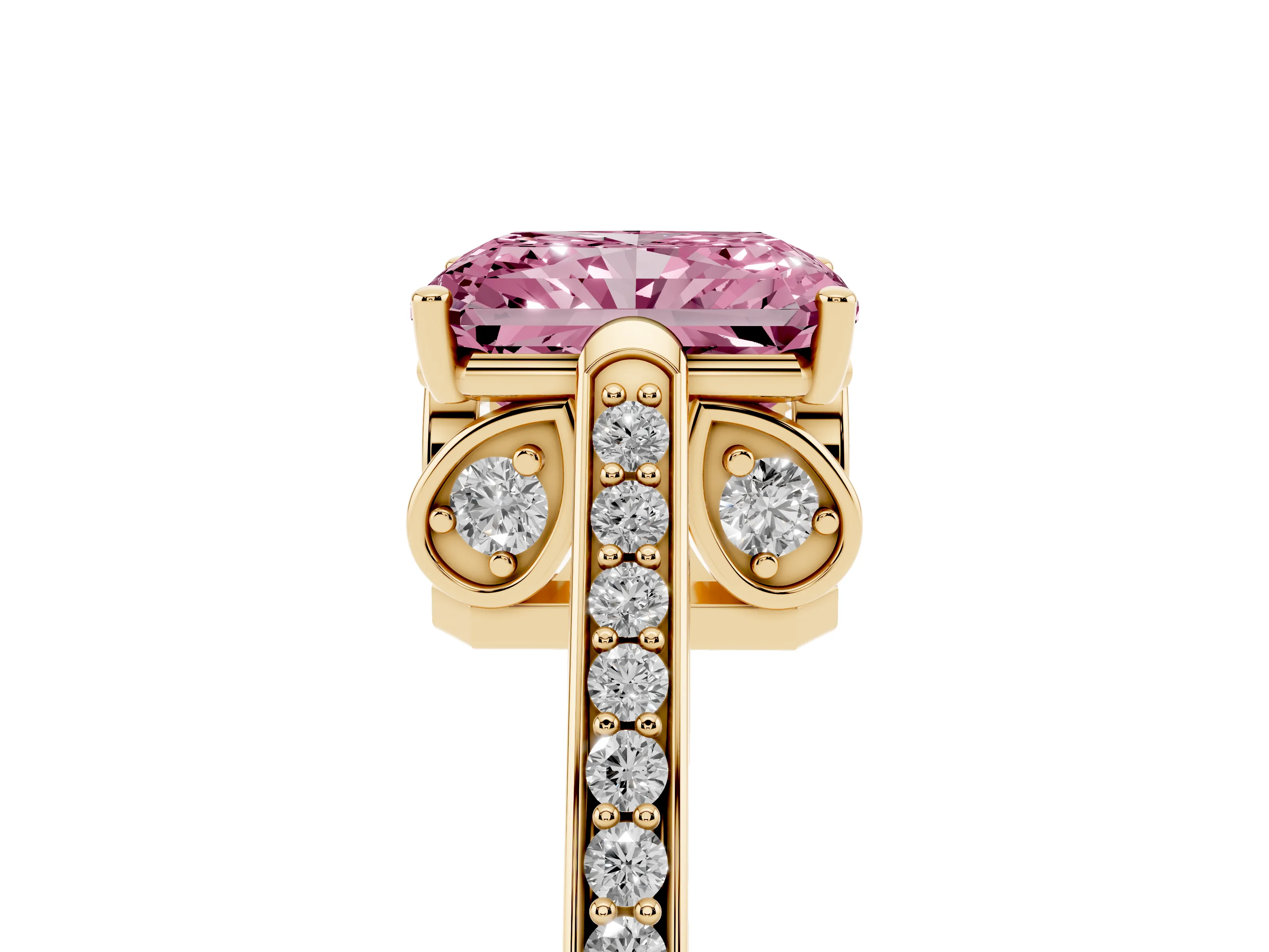 Fancy Pink Radiant Cut Diamond Cathedral Pavé Engagement Ring Set in Yellow gold with Prong Setting