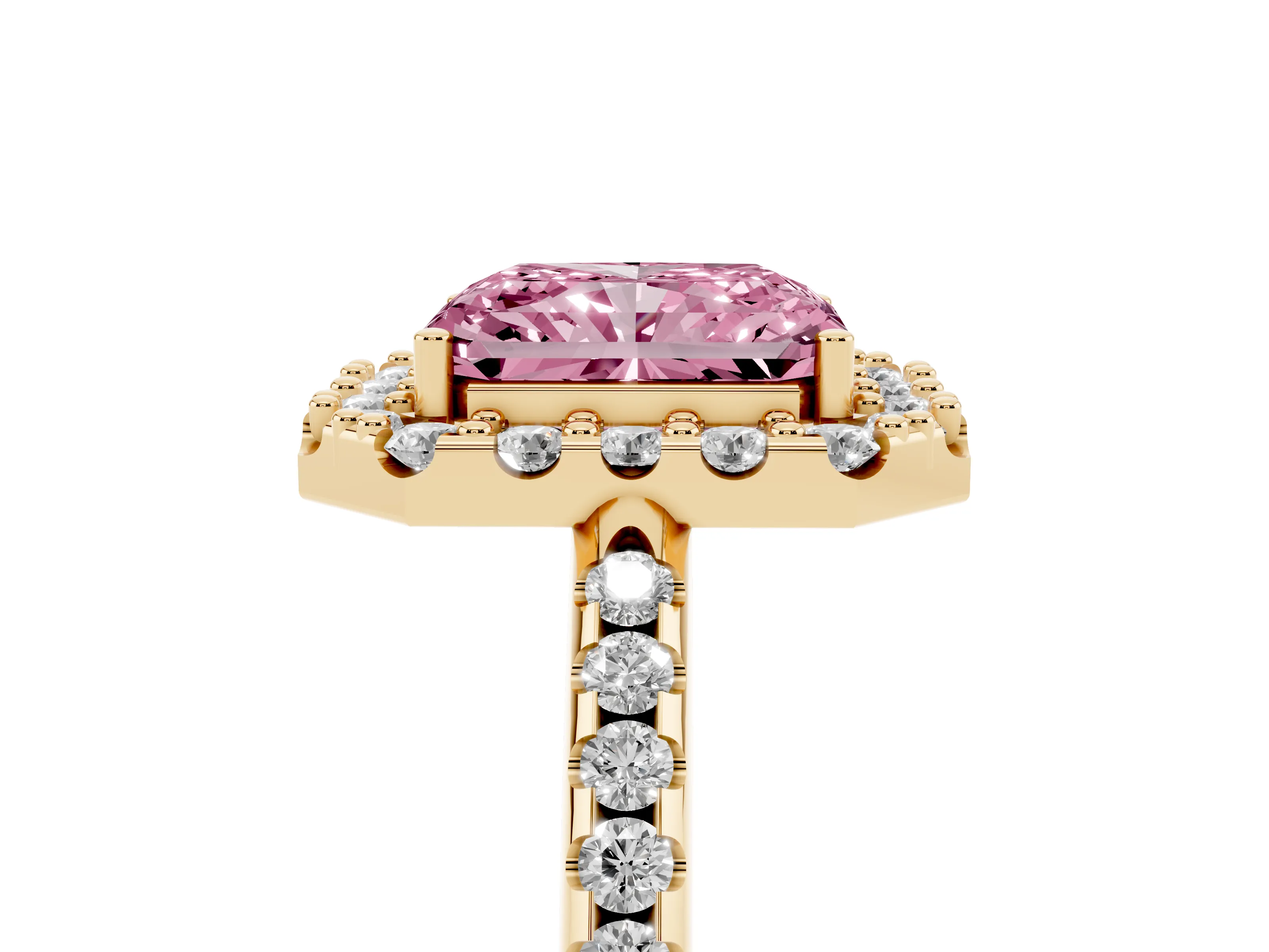 Fancy Pink Radiant Cut Diamond Pavé Halo Ring Set in Yellow gold with Prong Setting