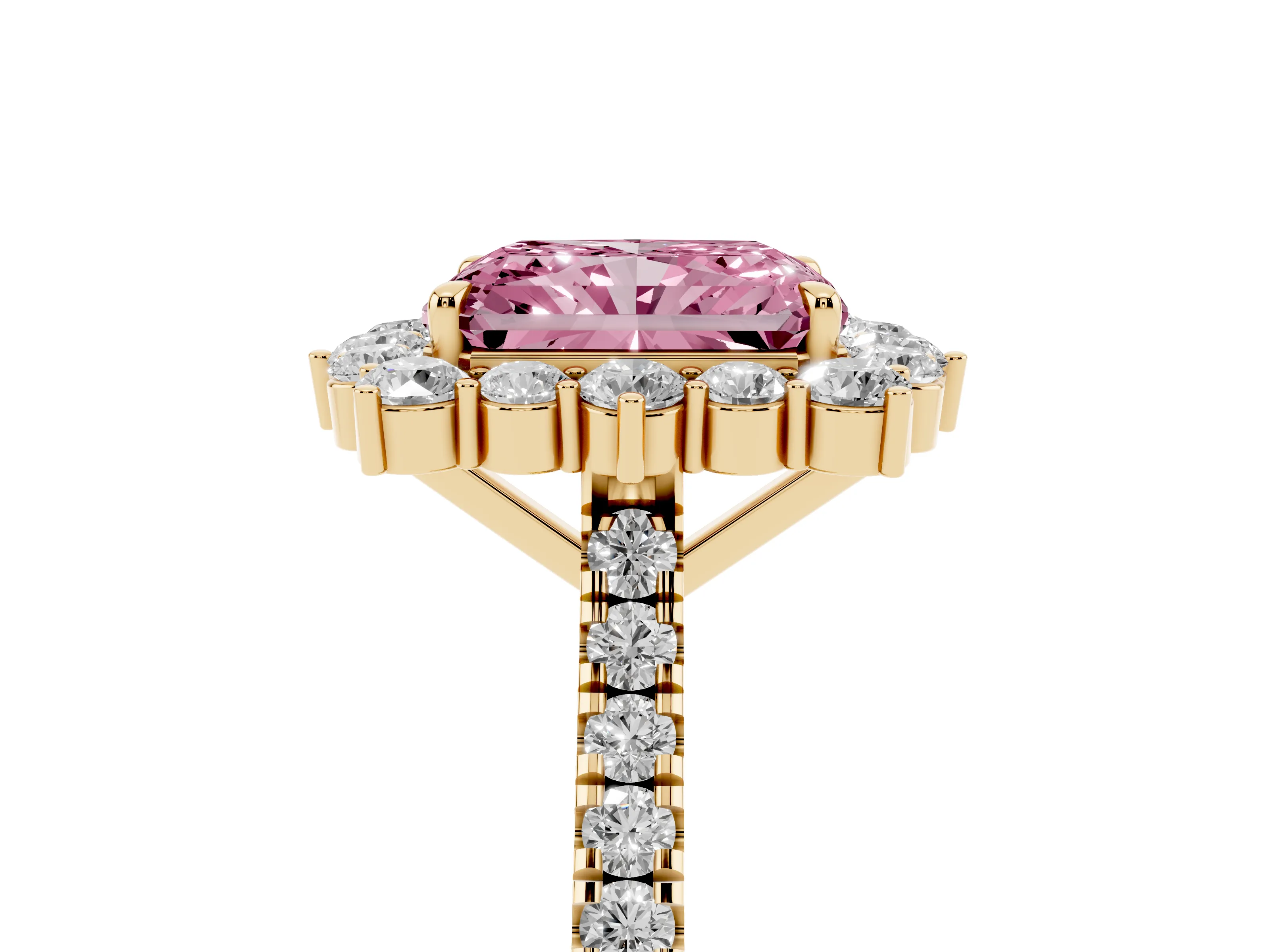 Fancy Pink Radiant Cut Diamond Halo Ring Set in Yellow gold with Pavé Band and Prong Setting
