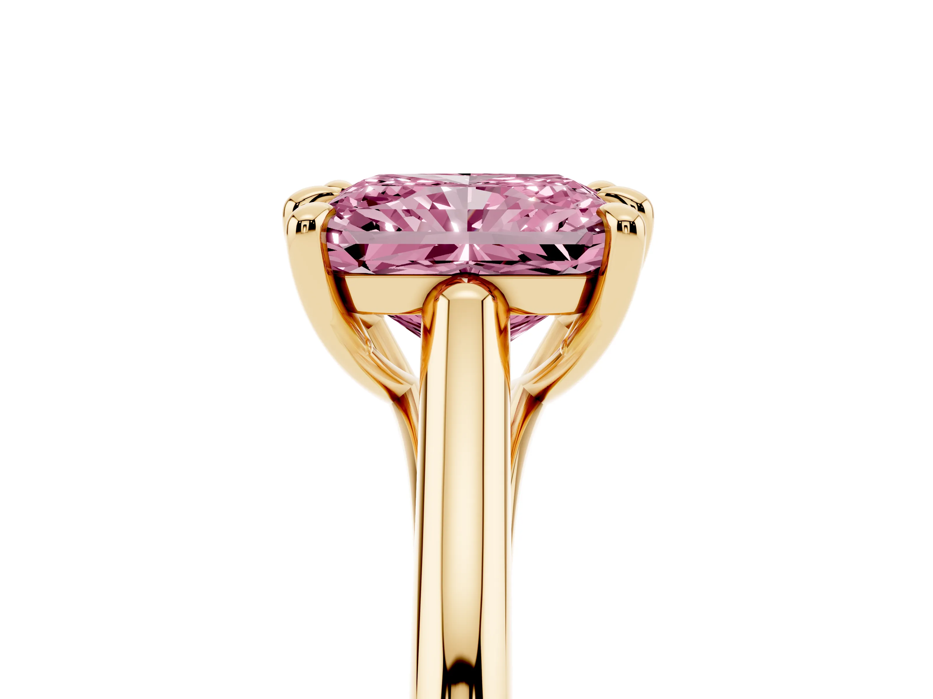 Fancy Pink Radiant Cut Diamond Solitaire Engagement Ring Set in Yellow gold with Prong Setting and Plain Classic Band