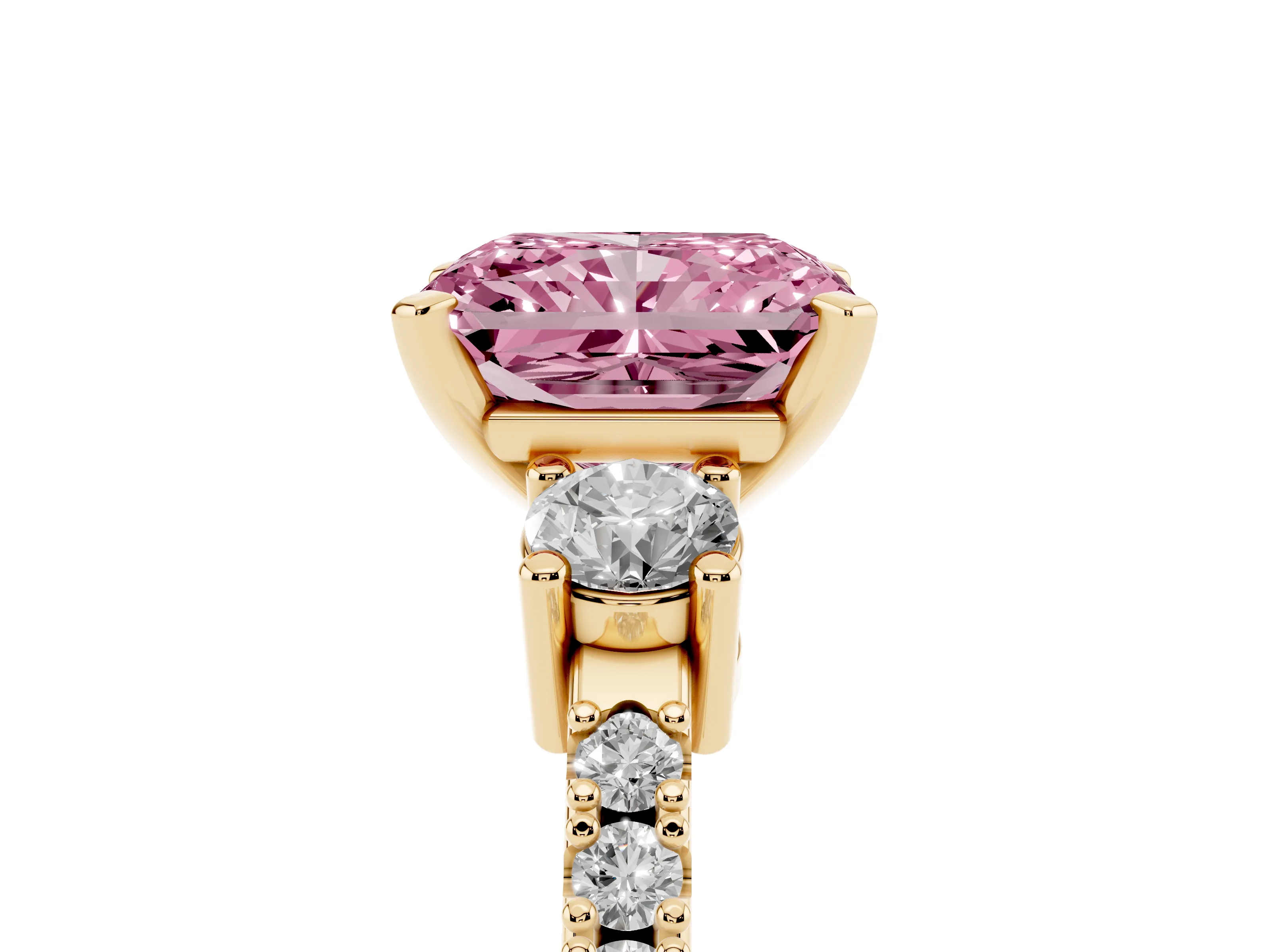 Fancy Pink Three-Stone Radiant Cut Diamond Pavé Band Ring Set in Yellow gold with Prong Setting