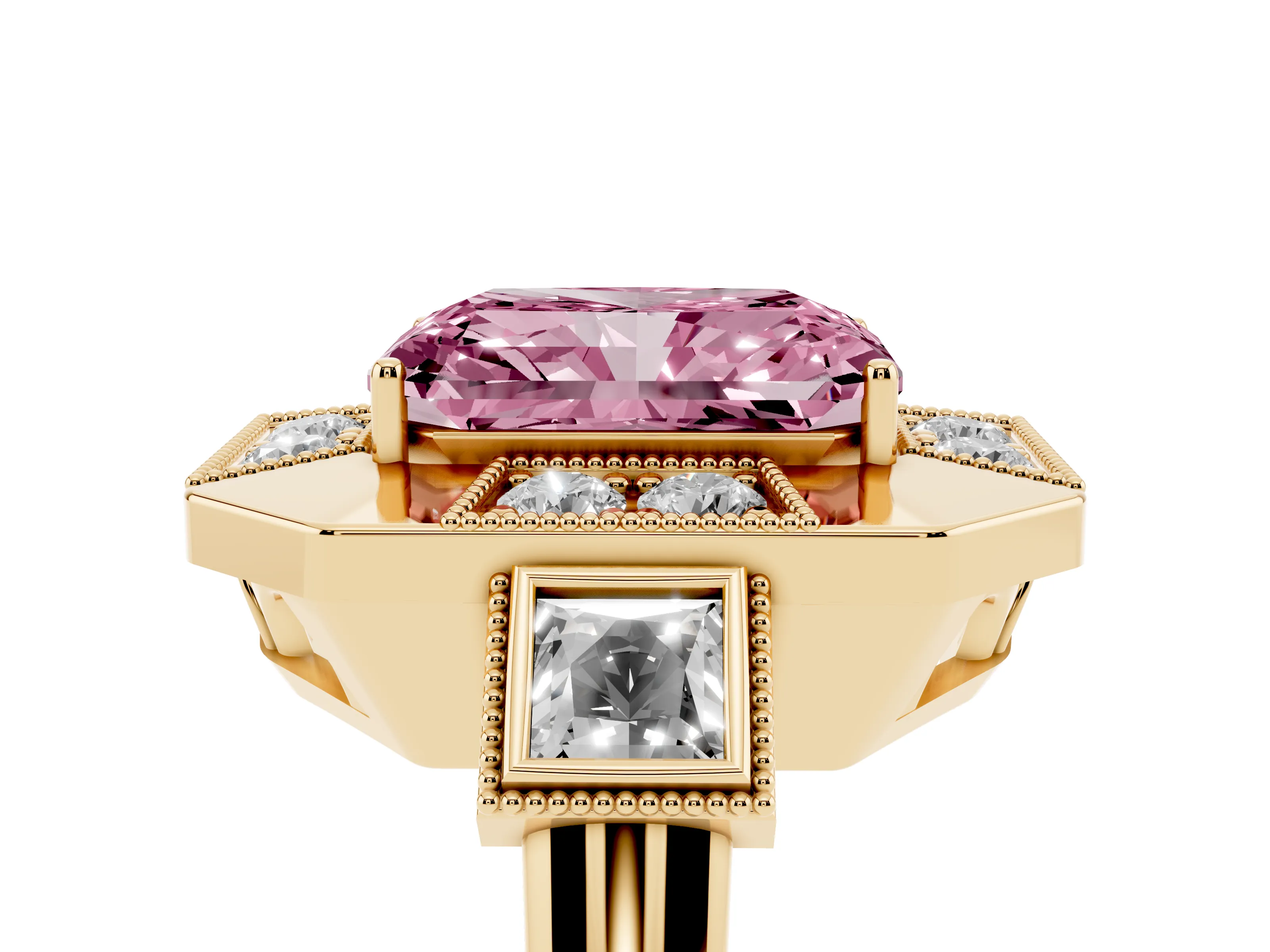 Fancy Pink Radiant Cut Diamond Milgrain Halo Ring Set in Yellow gold with Split Shank