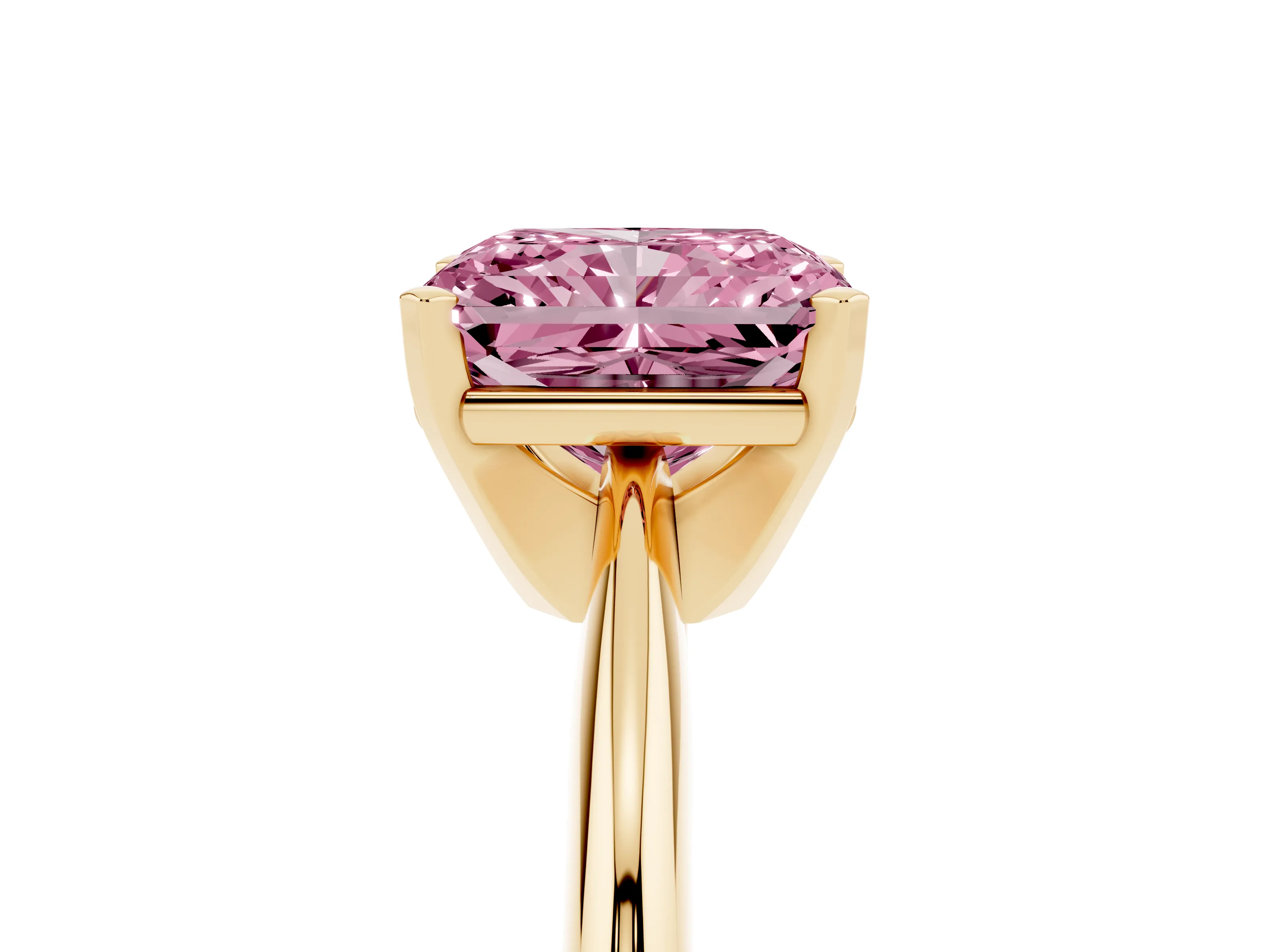 Fancy Pink Radiant Cut Diamond Solitaire Ring Set in Yellow gold with Prong Setting on a Plain Round Band