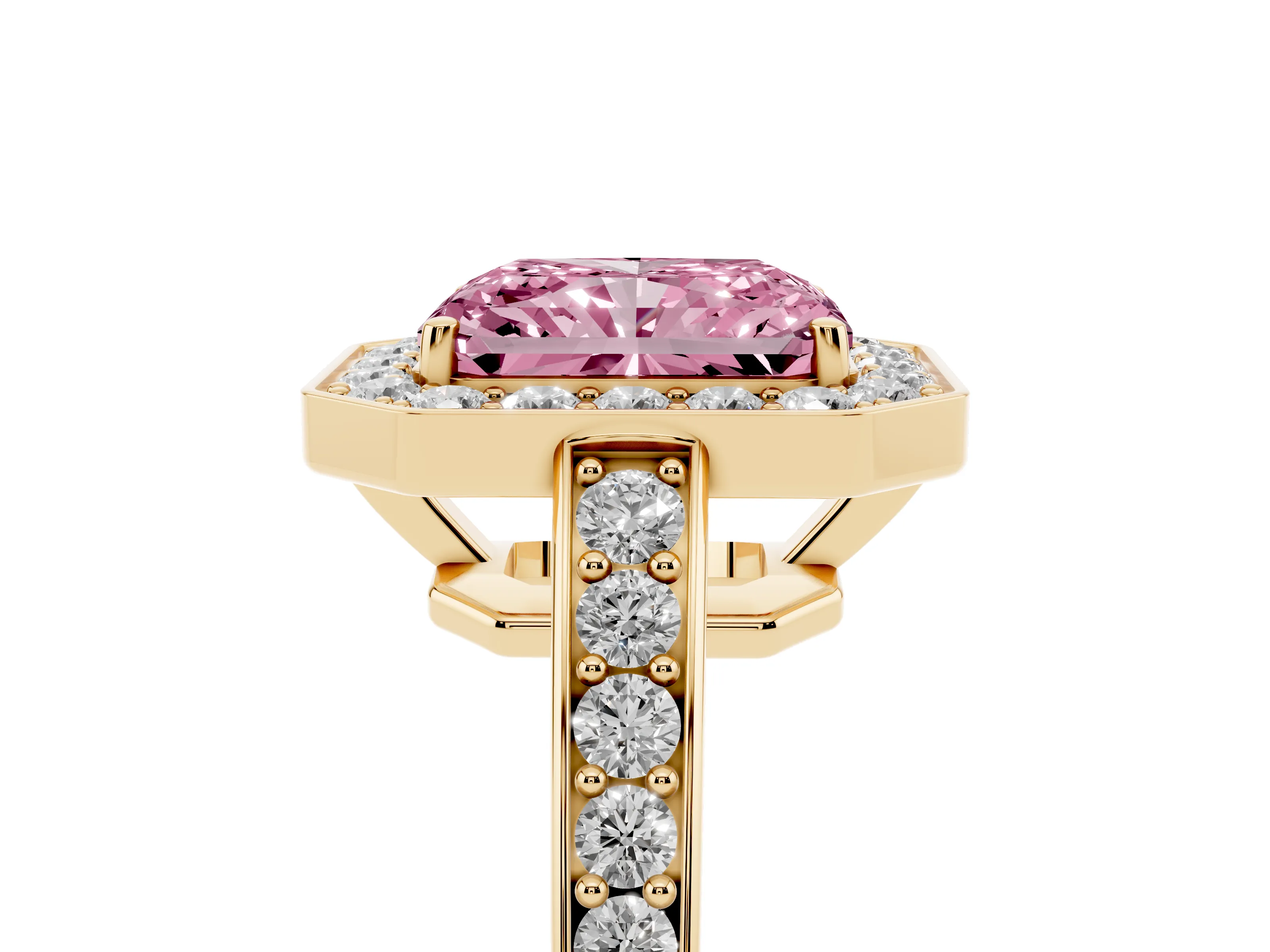 Fancy Pink Radiant Cut Diamond Halo Pavé Engagement Ring Set in Yellow gold with Bezel Setting