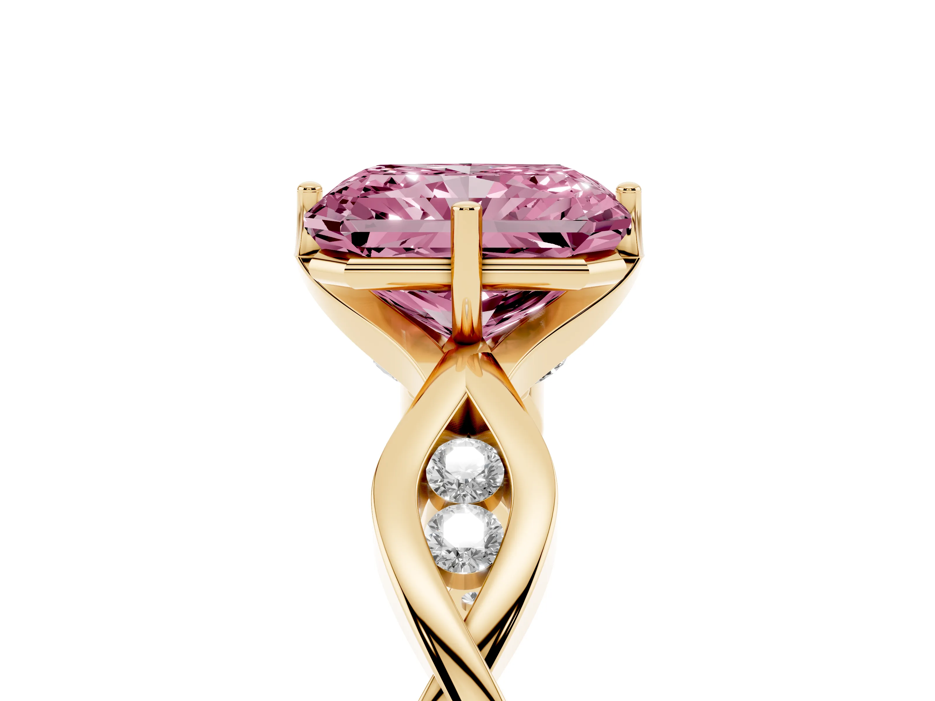 Fancy Pink Radiant Cut Diamond Twist Band Solitaire Ring Set in Yellow gold with Leaf Prong Setting and Accent Stones
