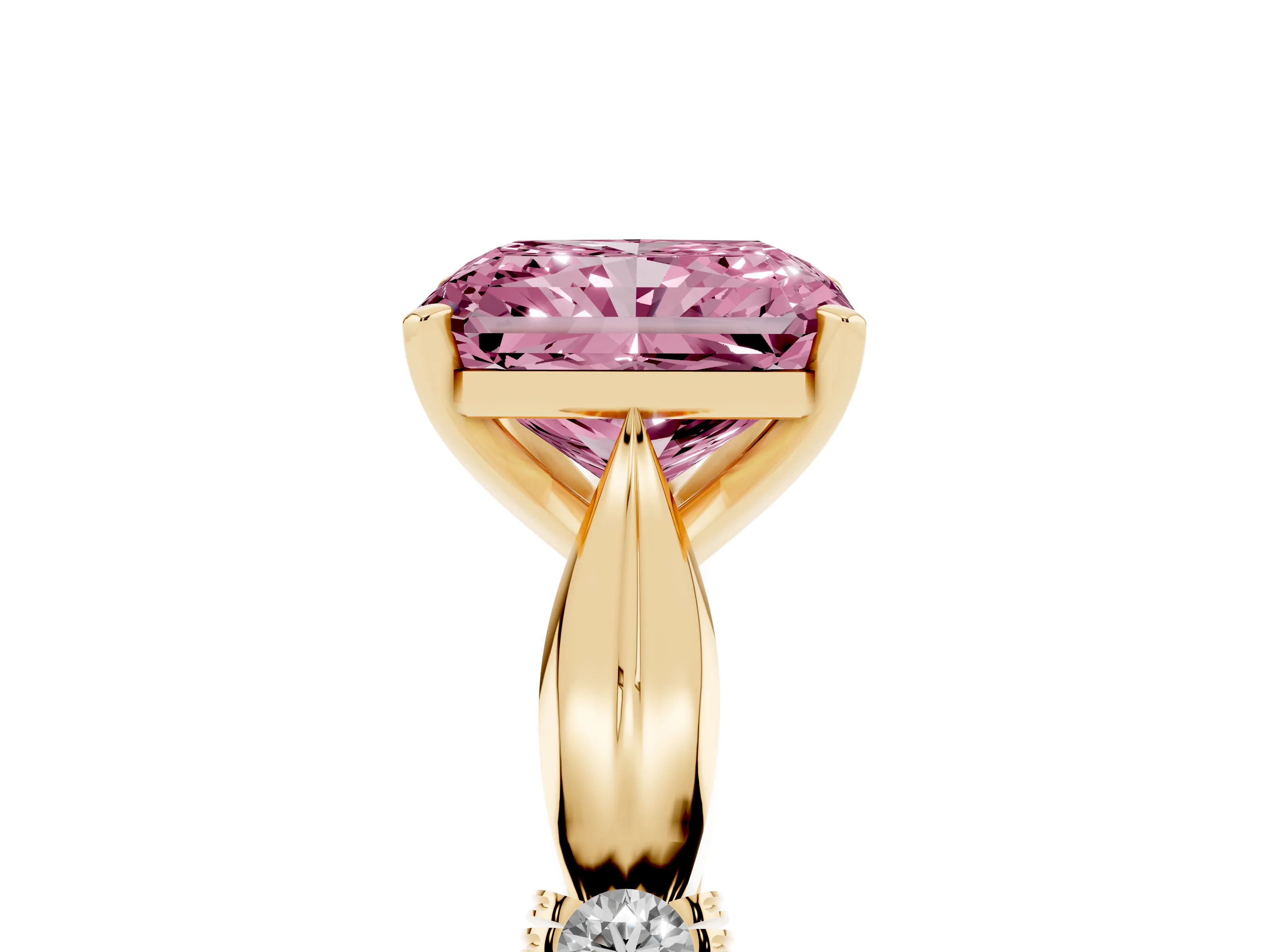 Fancy Pink Radiant Cut Diamond Solitaire Twisted Band Ring Set in Yellow gold with Accent Stones and Prong Setting