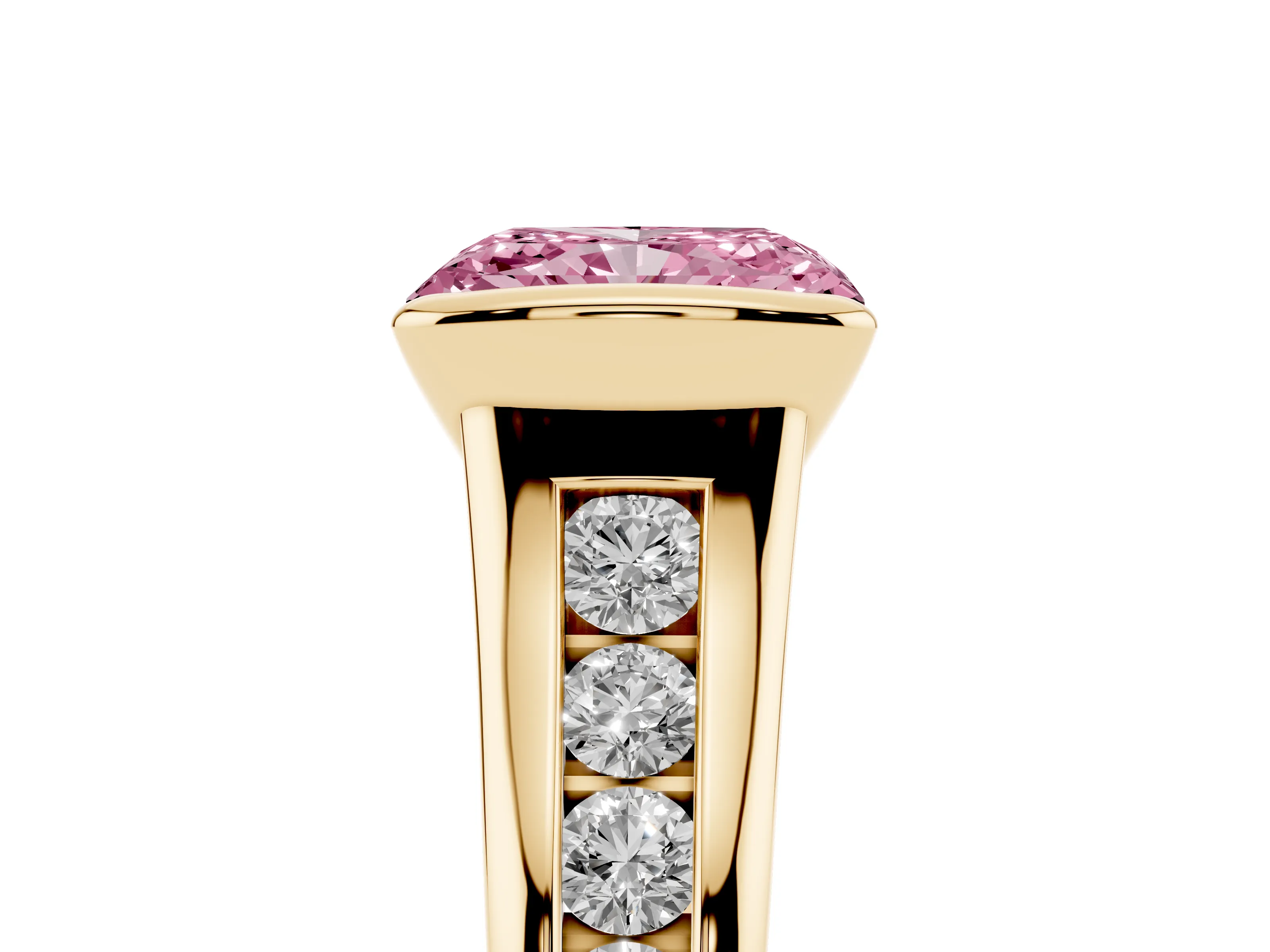 Fancy Pink Radiant Cut Diamond Bezel-Set Solitaire Ring Set in Yellow gold with Channel-Set Band