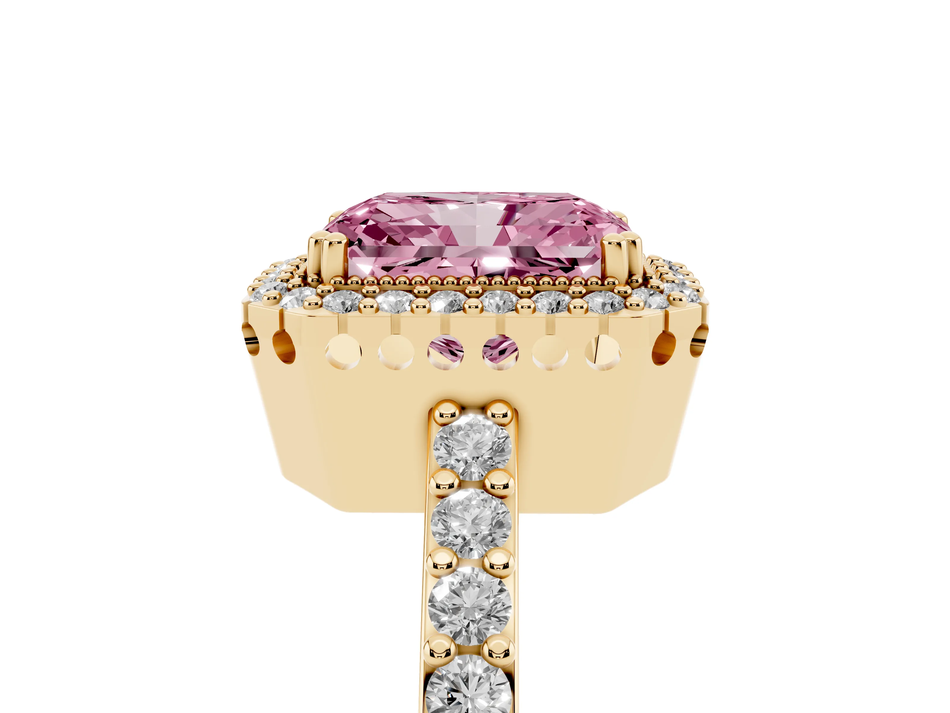 Fancy Pink Radiant Cut Diamond Halo Engagement Ring Set in Yellow gold with Milgrain Detail and Pavé Band