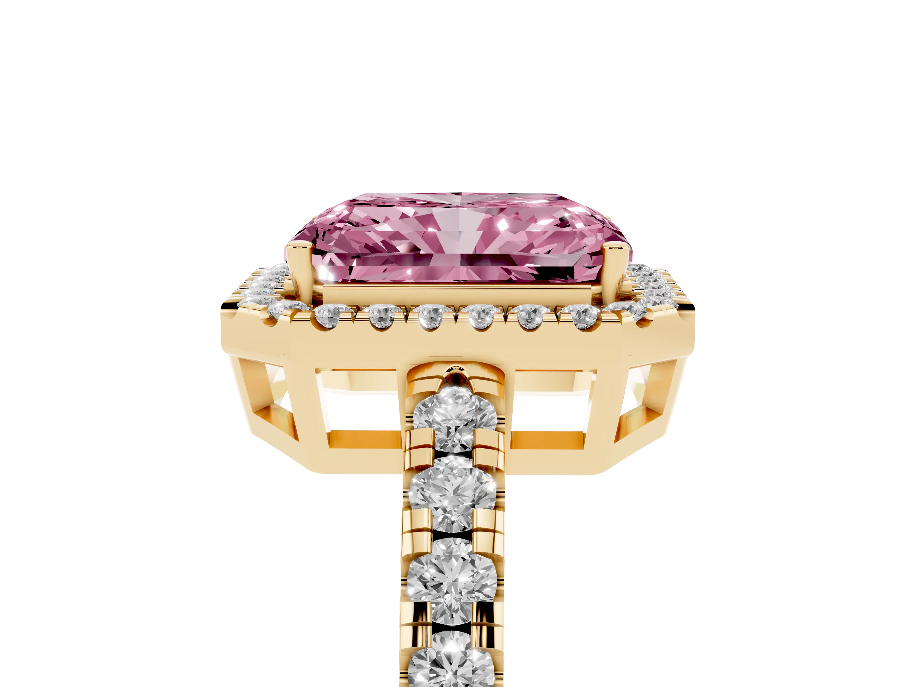 Fancy Pink Radiant Cut Diamond Halo Ring Set in Yellow gold with Delicate Pavé Band and Prong Setting