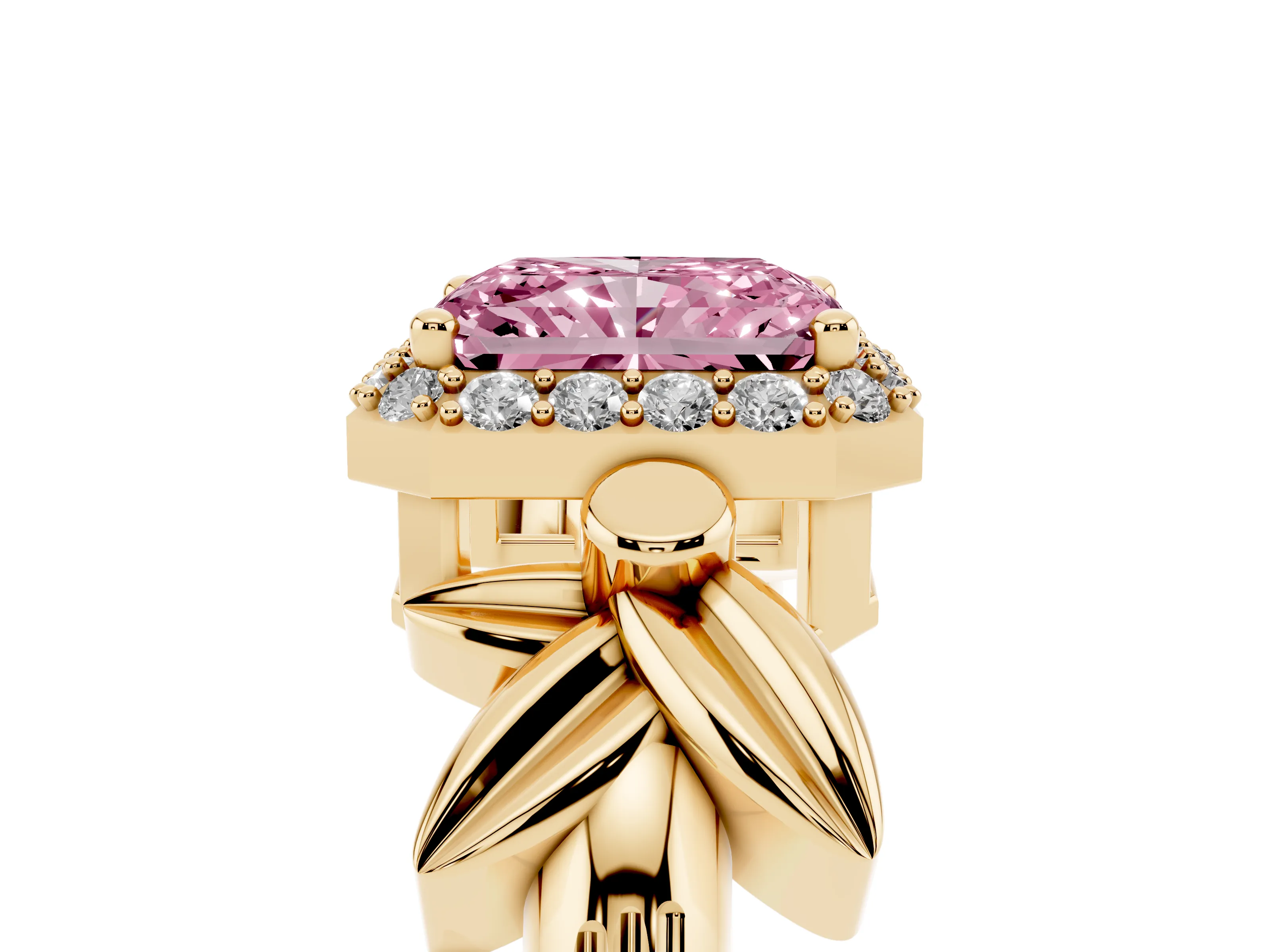 Fancy Pink Radiant Cut Diamond Halo Floral Band Ring Set in Yellow gold with Prong Setting