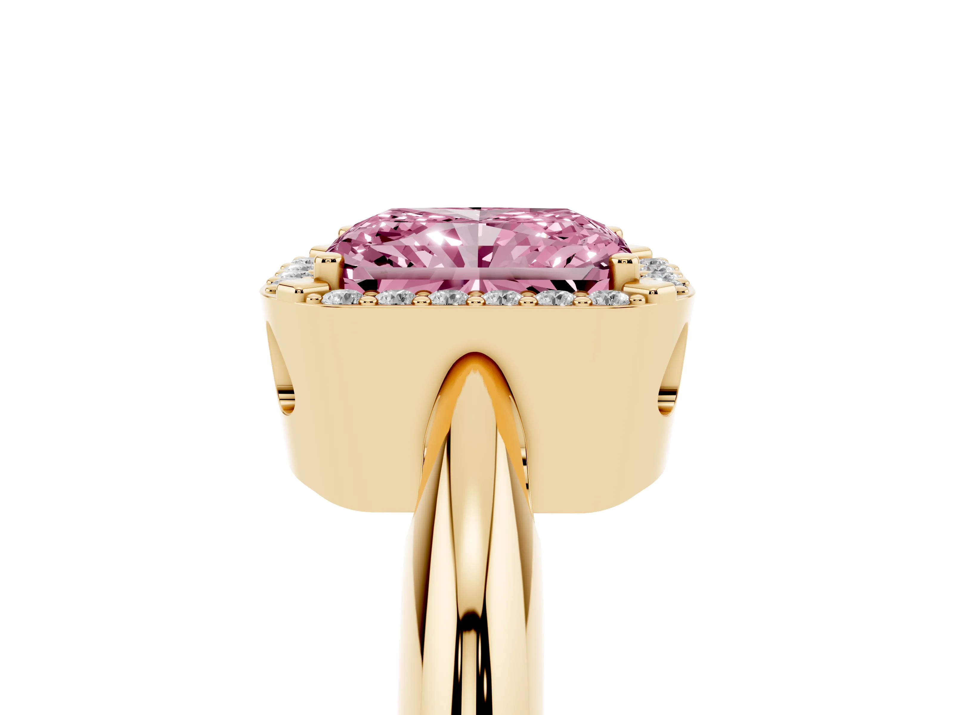 Fancy Pink Radiant Cut Diamond Halo Engagement Ring Set in Yellow gold with Plain Split Shank and Prong Setting