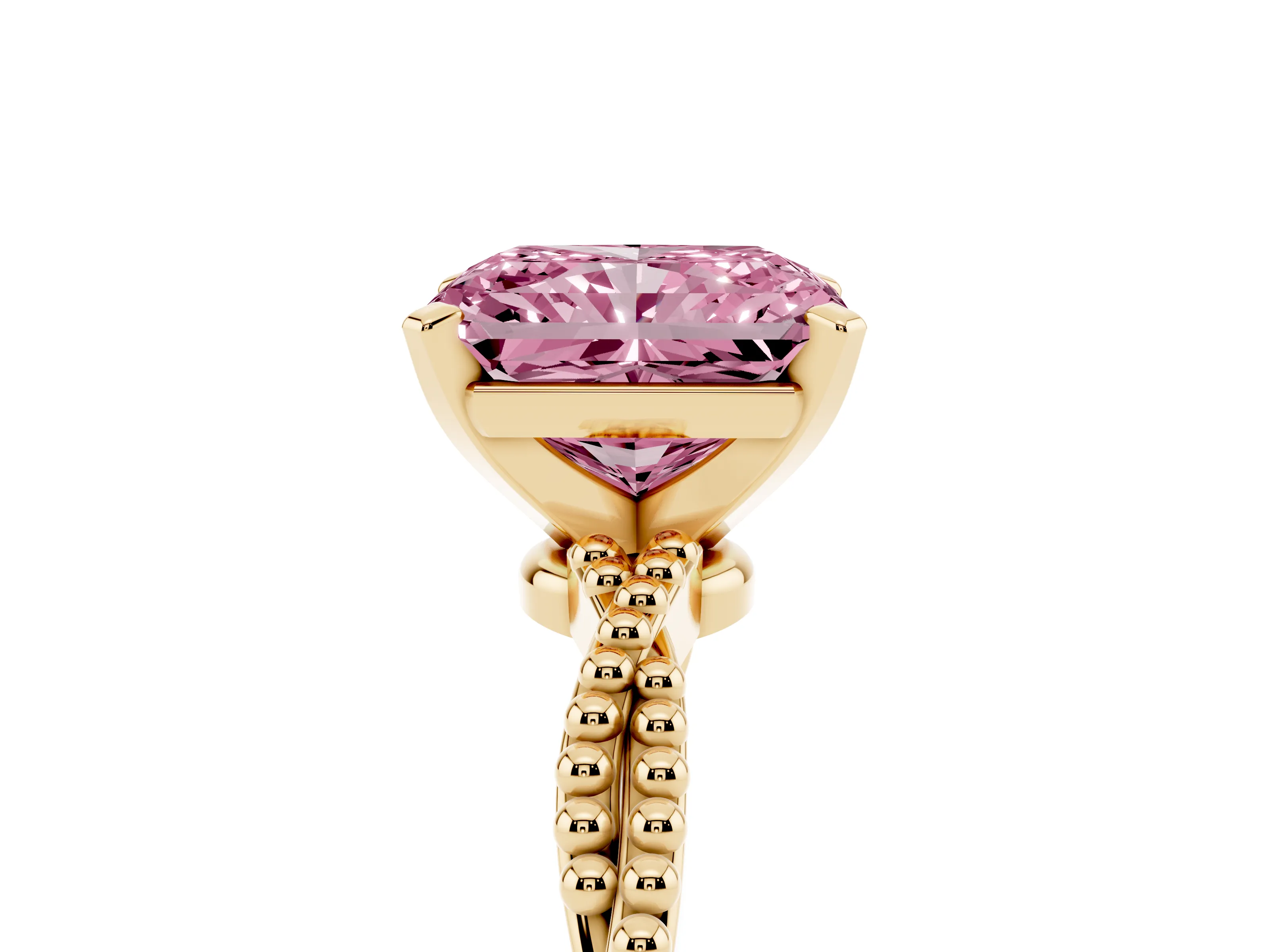 Fancy Pink Radiant Cut Diamond Solitaire Ring Set in Yellow gold with Twisted Band and Bead Prong Setting