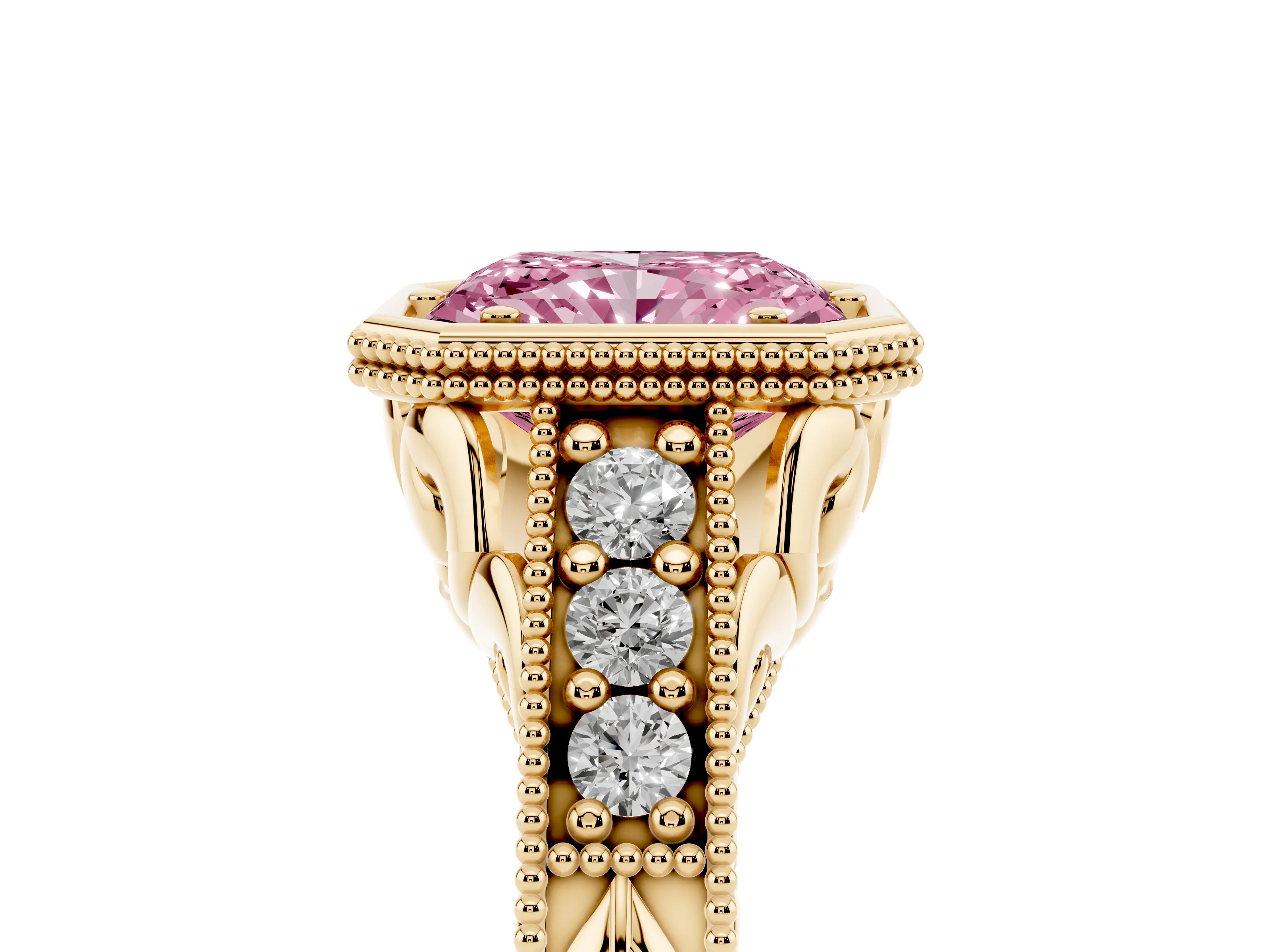 Fancy Pink Bezel Set Radiant Cut Diamond Milgrain Pavé Engagement Ring Set in Yellow gold