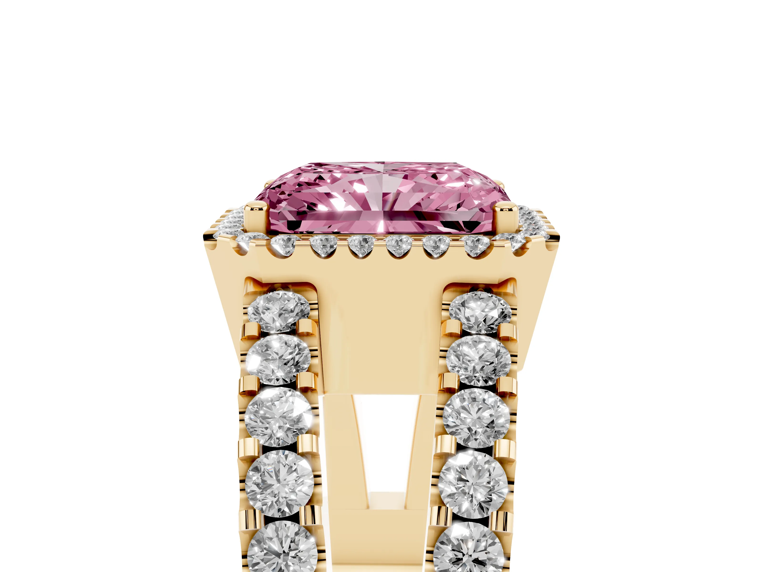 Fancy Pink Radiant Cut Diamond Halo Ring Set in Yellow gold with Pavé Split Shank and Prong Setting