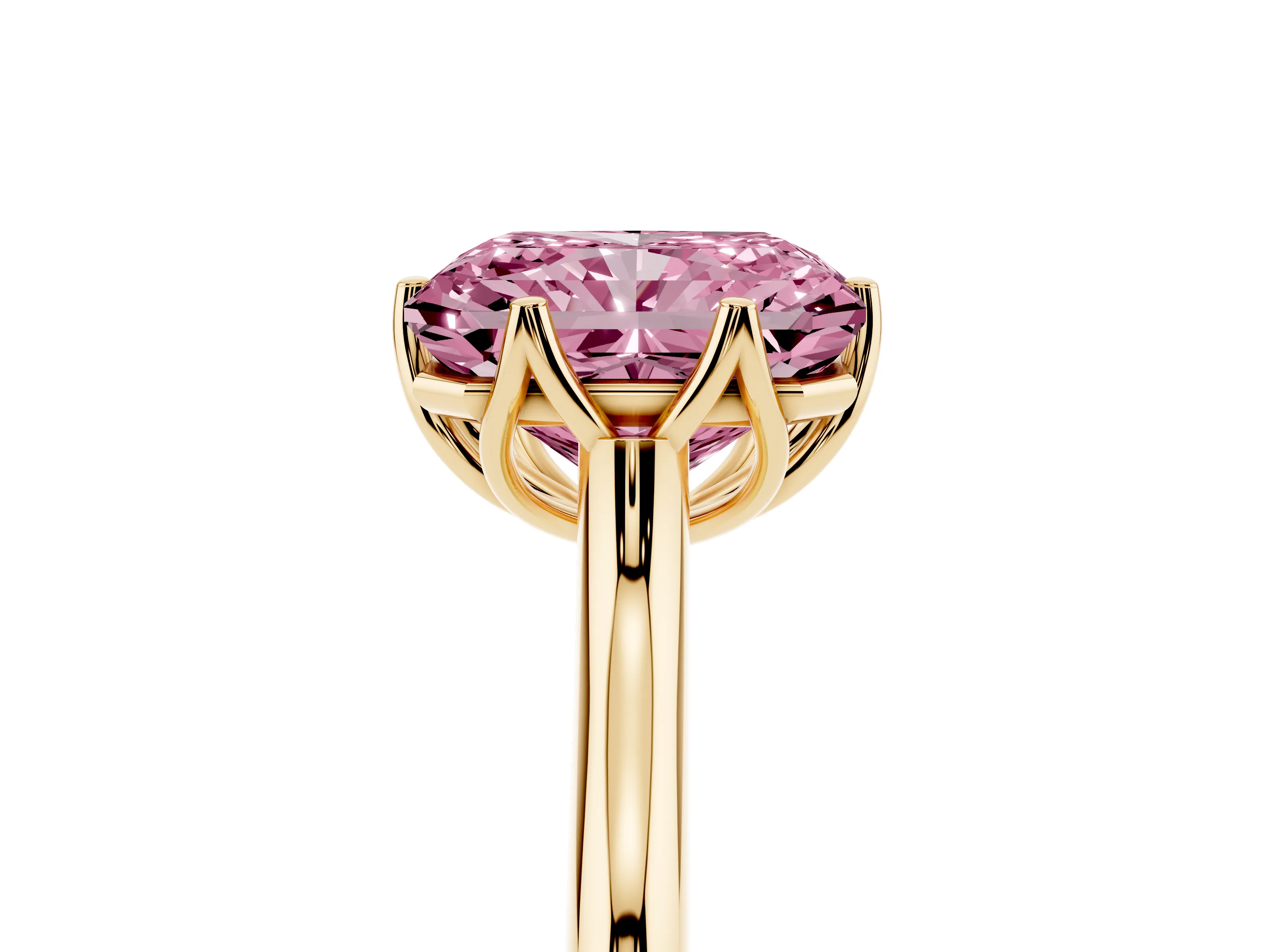 Fancy Pink Radiant Cut Diamond Solitaire Cathedral Ring Set in Yellow gold with Prong Setting