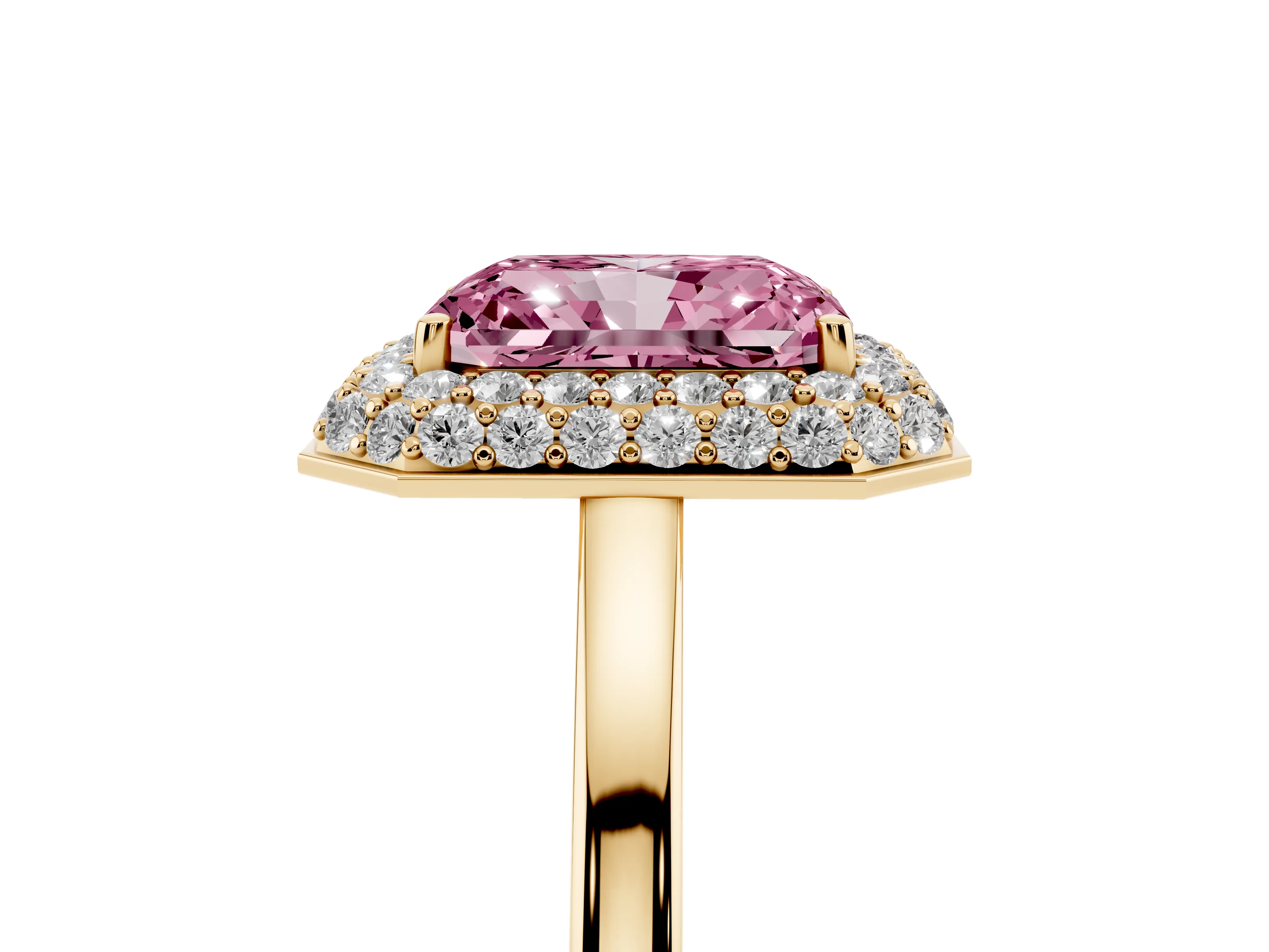 Fancy Pink Radiant Cut Diamond Halo Engagement Ring Set in Yellow gold with Solitaire Band and Prong Setting