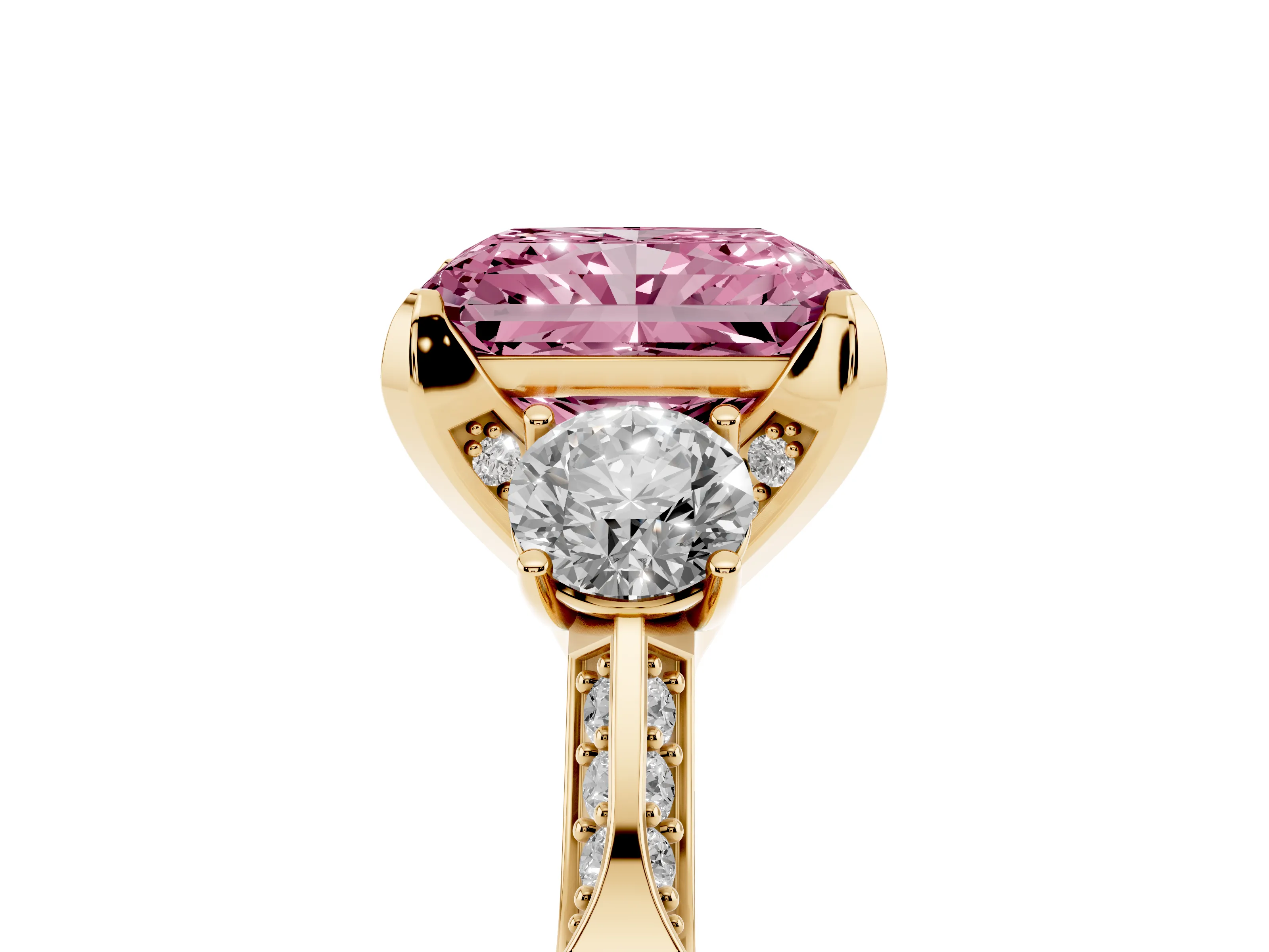 Fancy Pink Radiant Cut Diamond Three-Stone Ring Set in Yellow gold with Pavé Band and Smaller Side Stones