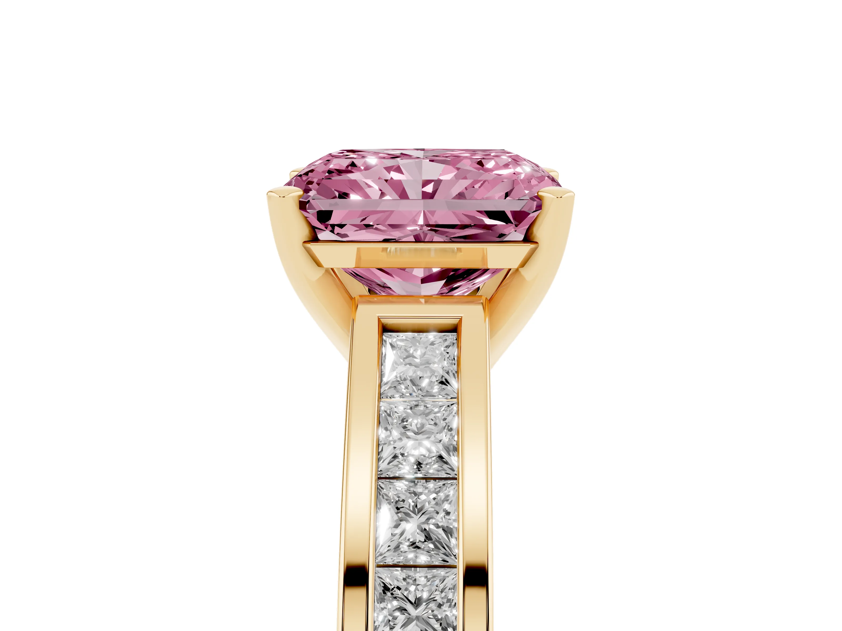 Fancy Pink Radiant Cut Diamond Solitaire Ring Set in Yellow gold with Channel-Set Band and Prong Setting