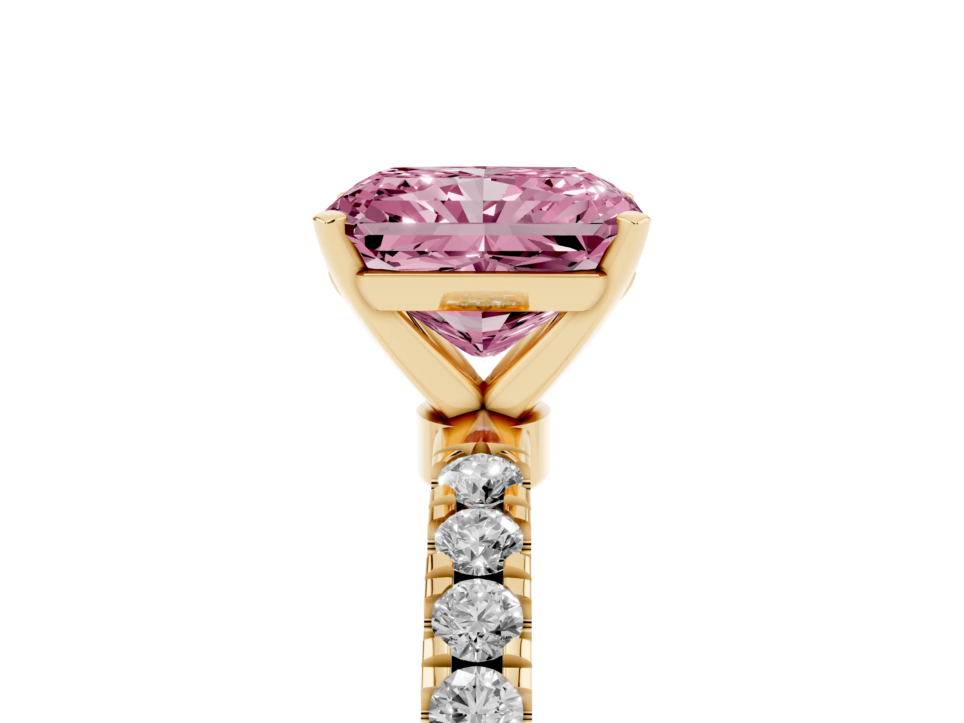 Fancy Pink Radiant Cut Diamond Solitaire Ring Set in Yellow gold with Pavé Accents and Prong Setting