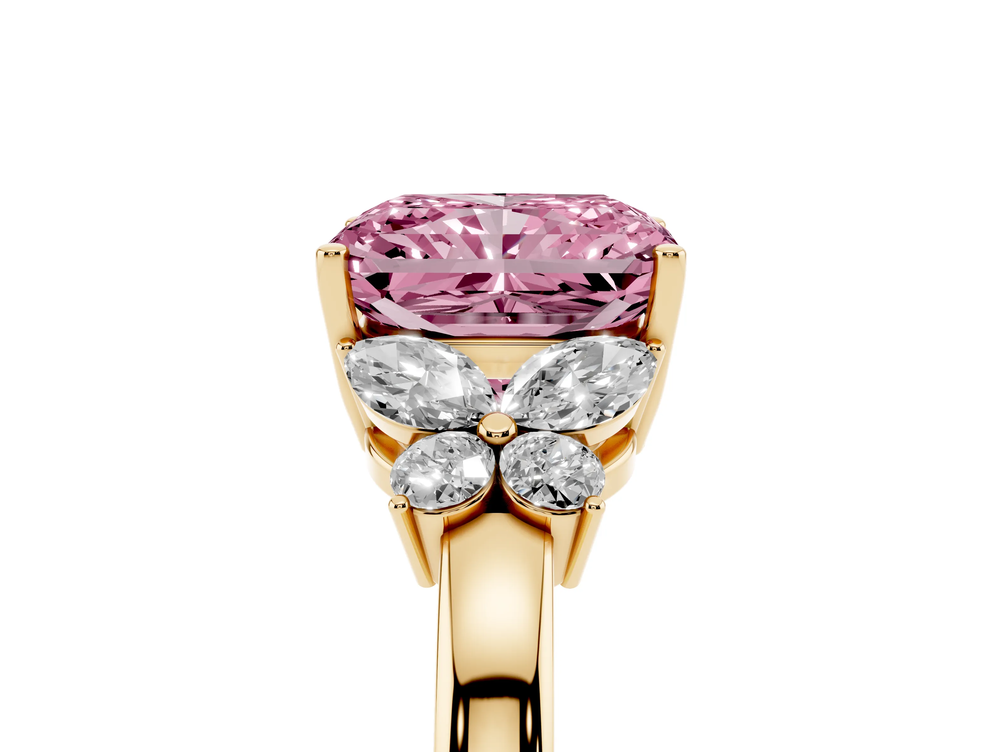 Fancy Pink Radiant Cut Diamond Solitaire Floral Ring Set in Yellow gold with Marquise Petals and Prong Setting