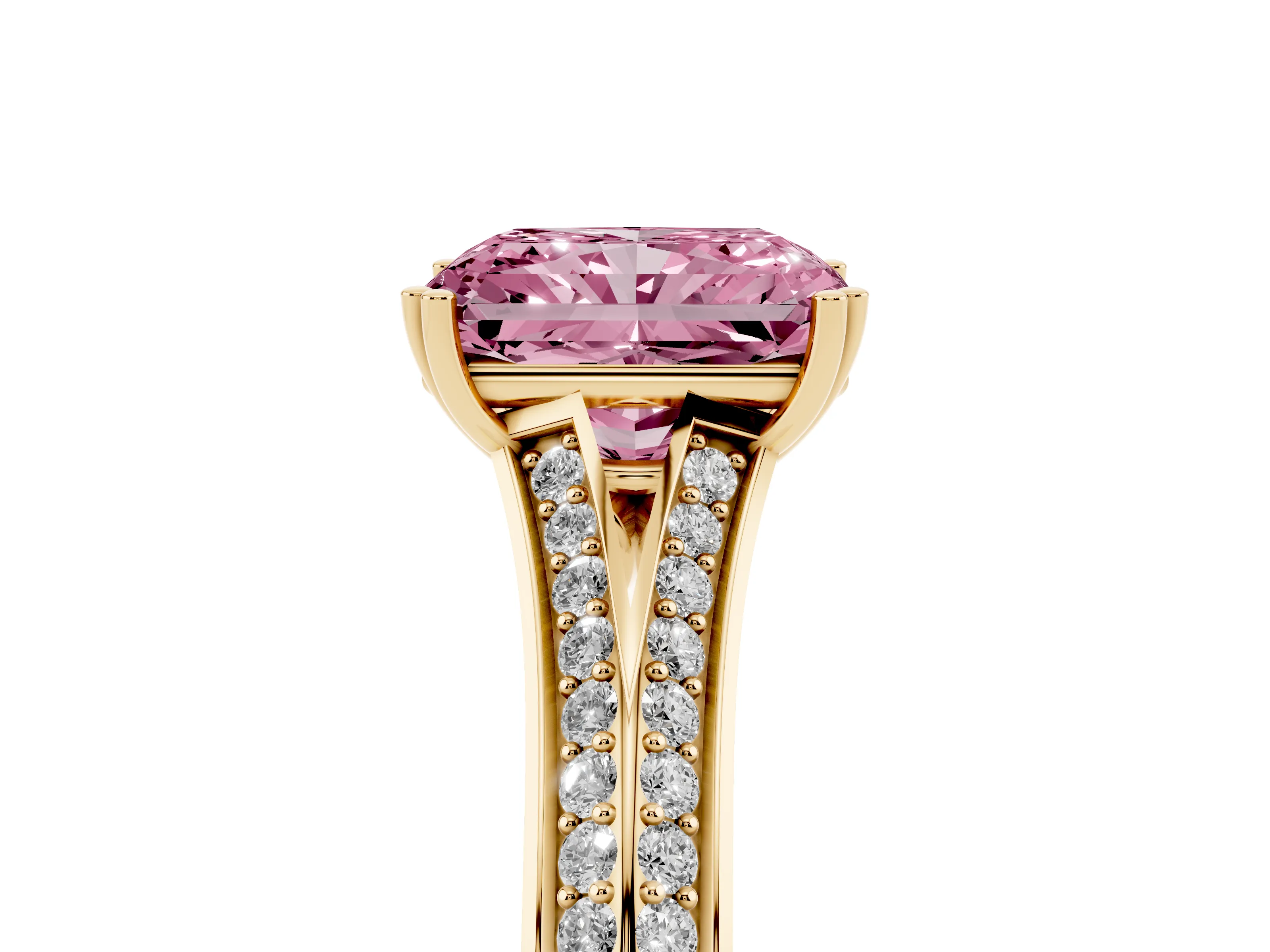 Fancy Pink Radiant Cut Diamond Split Shank Pavé Engagement Ring Set in Yellow gold with Prong-Set Center Stone