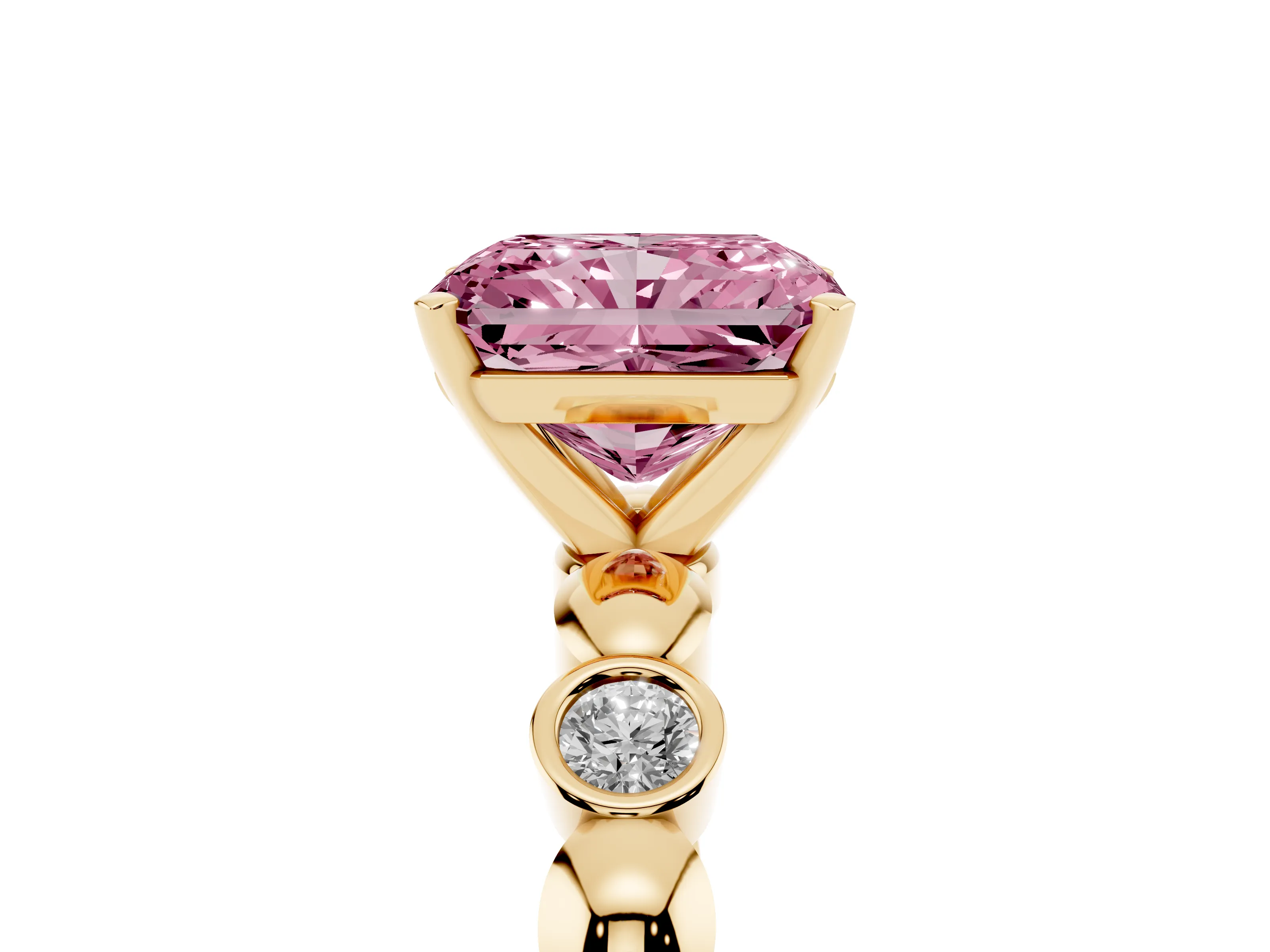 Fancy Pink Radiant Cut Diamond Solitaire Ring Set in Yellow gold with Bezel-Set Accents on Beaded Band and Prong Setting