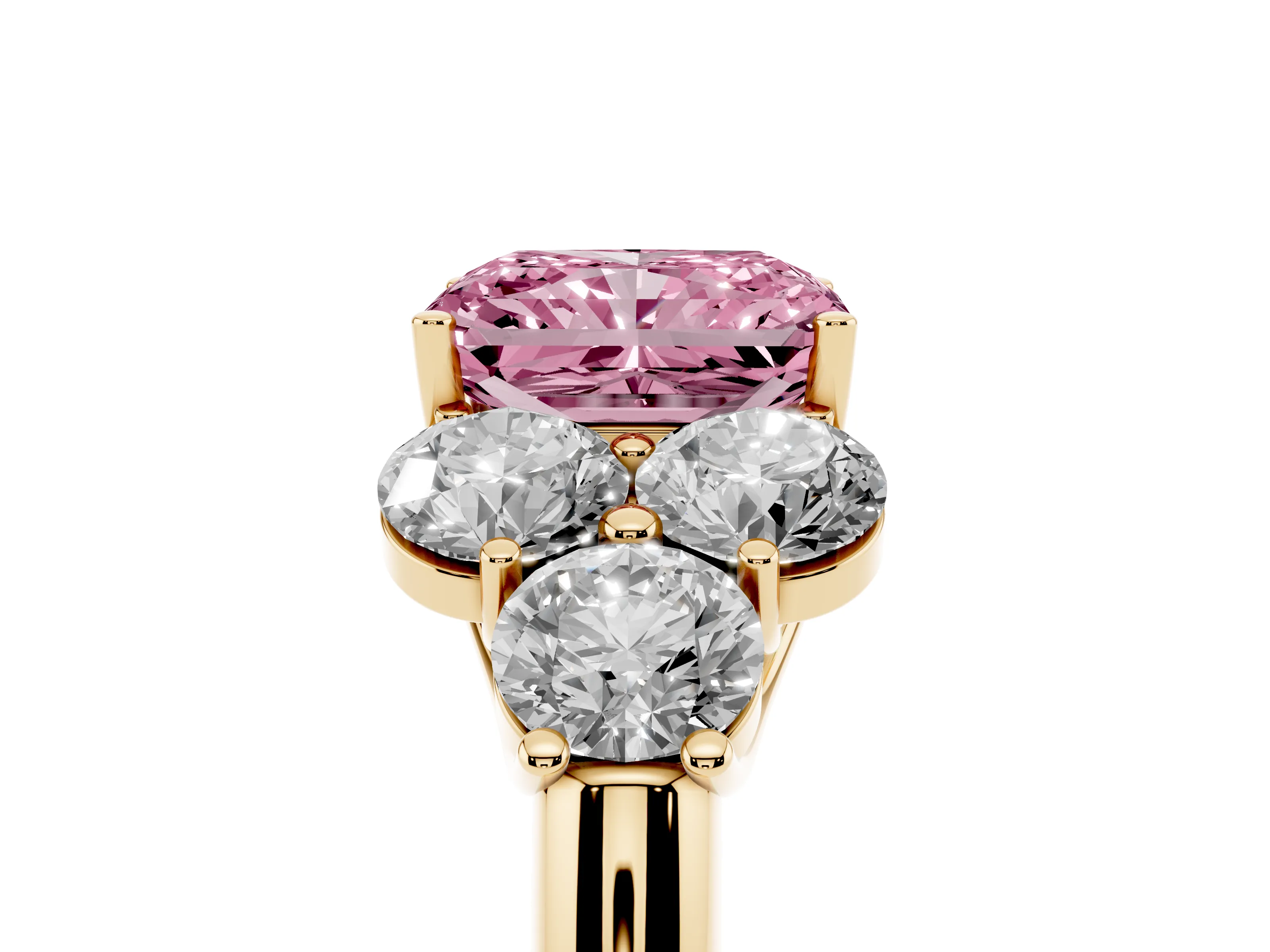 Fancy Pink Radiant Cut Diamond Cluster Ring Set in Yellow gold with Round Accent Stones and Prong Setting on a Plain Band