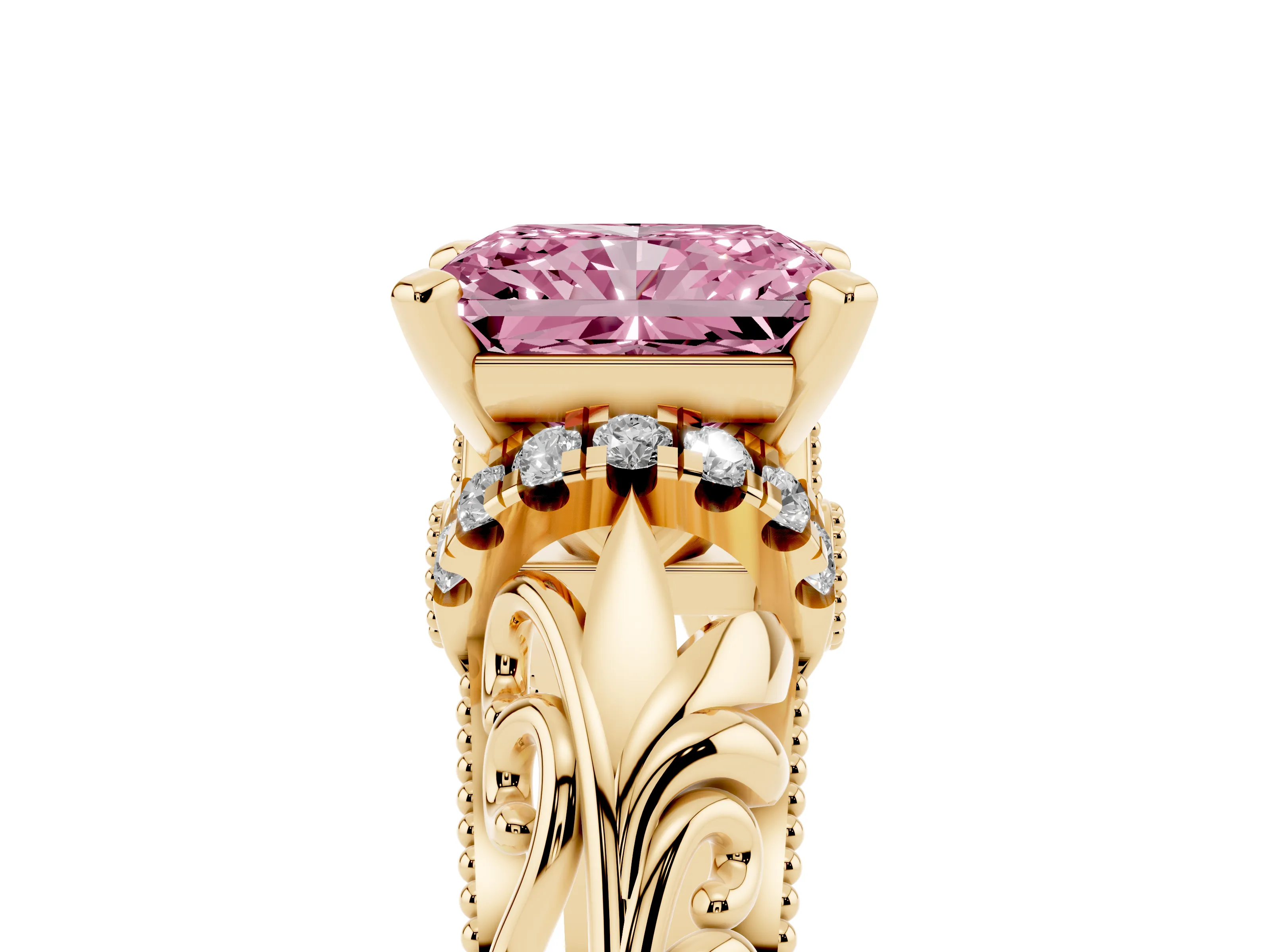 Fancy Pink Radiant Cut Diamond Filigree Halo Engagement Ring Set in Yellow gold with Prong Setting