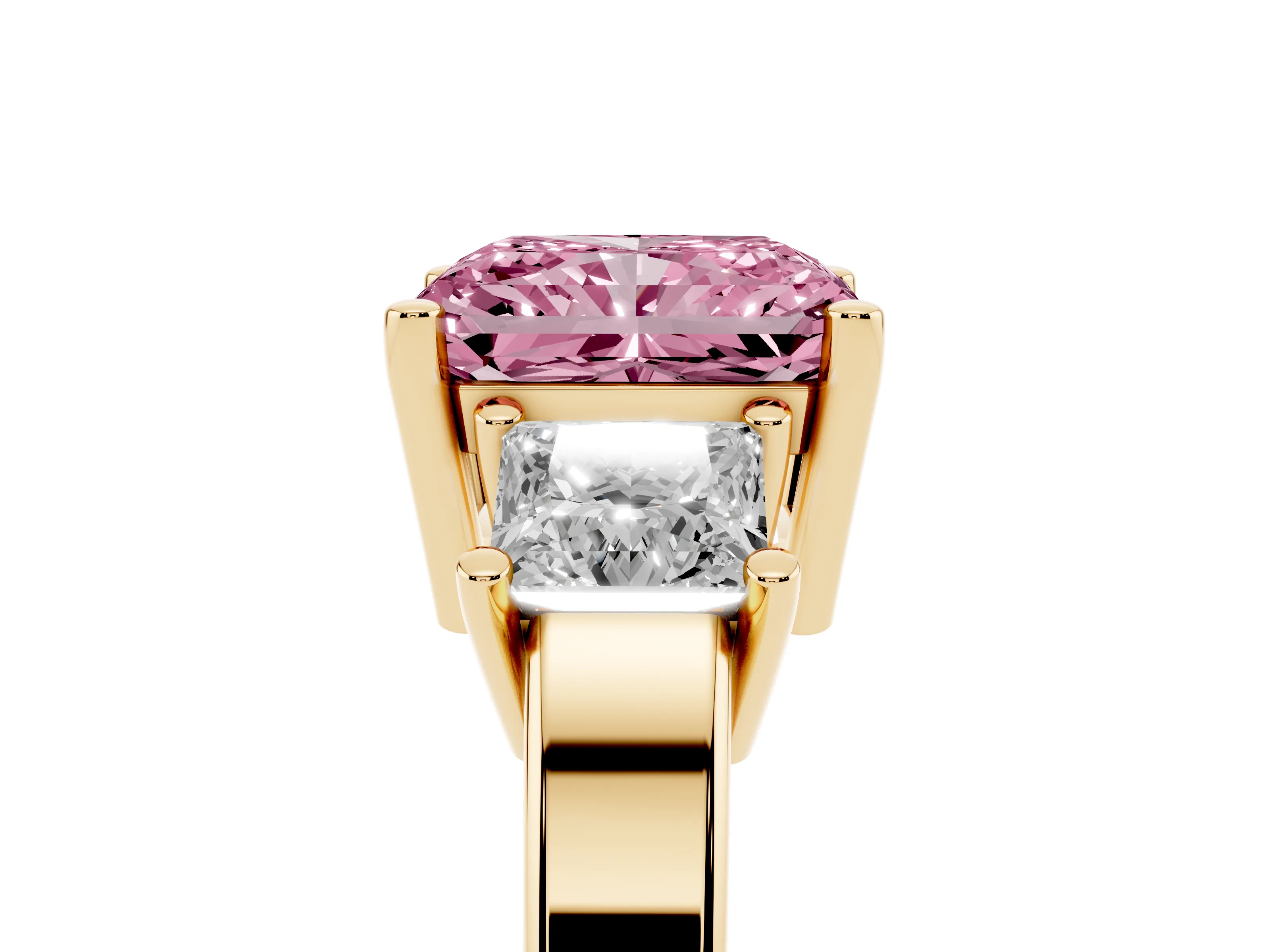 Fancy Pink Three-Stone Radiant Cut Diamond Solitaire Ring Set in Yellow gold with Prong Setting