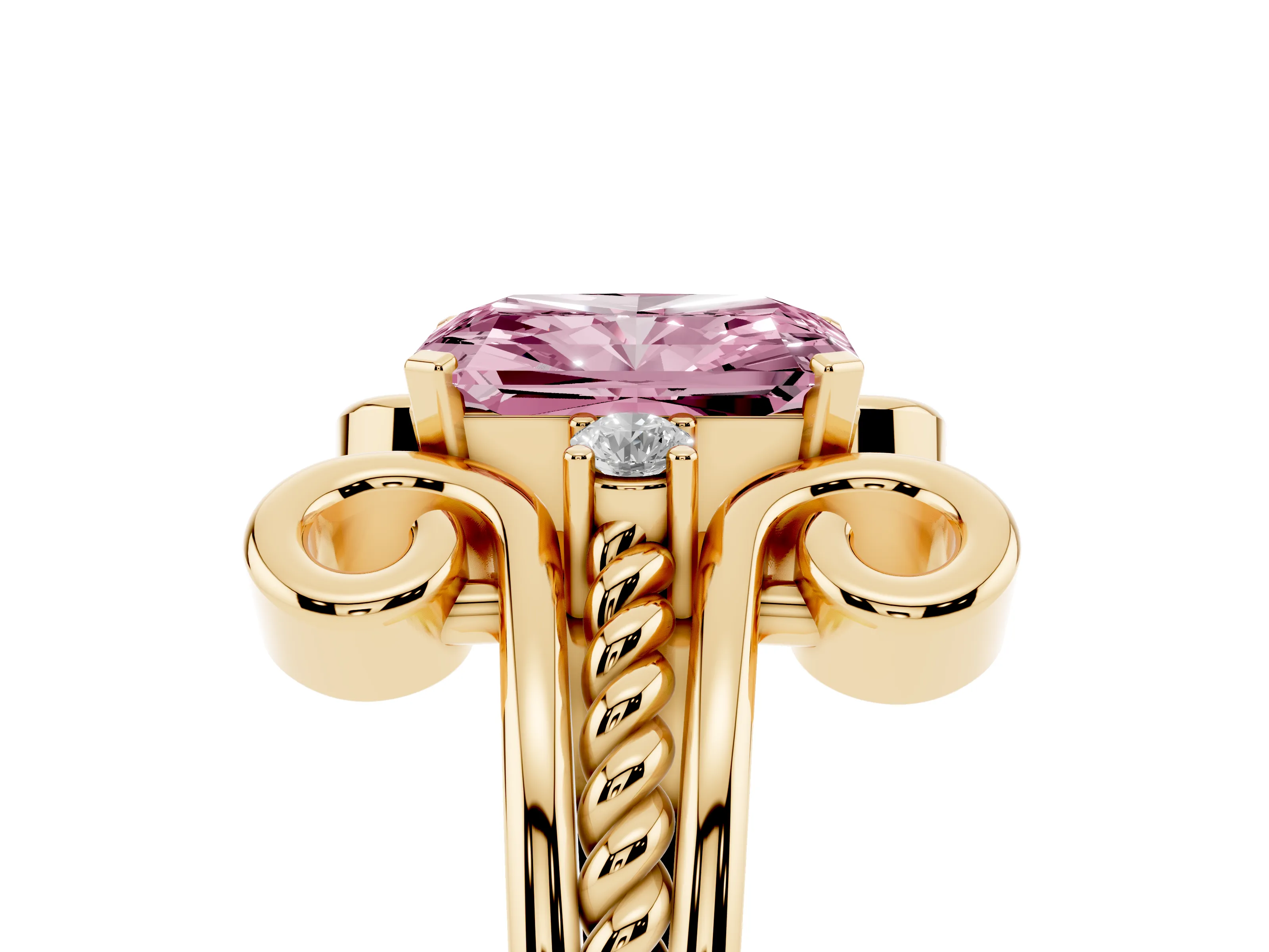 Fancy Pink Radiant Cut Diamond Twisted Band Solitaire Ring Set in Yellow gold with Scroll Prongs