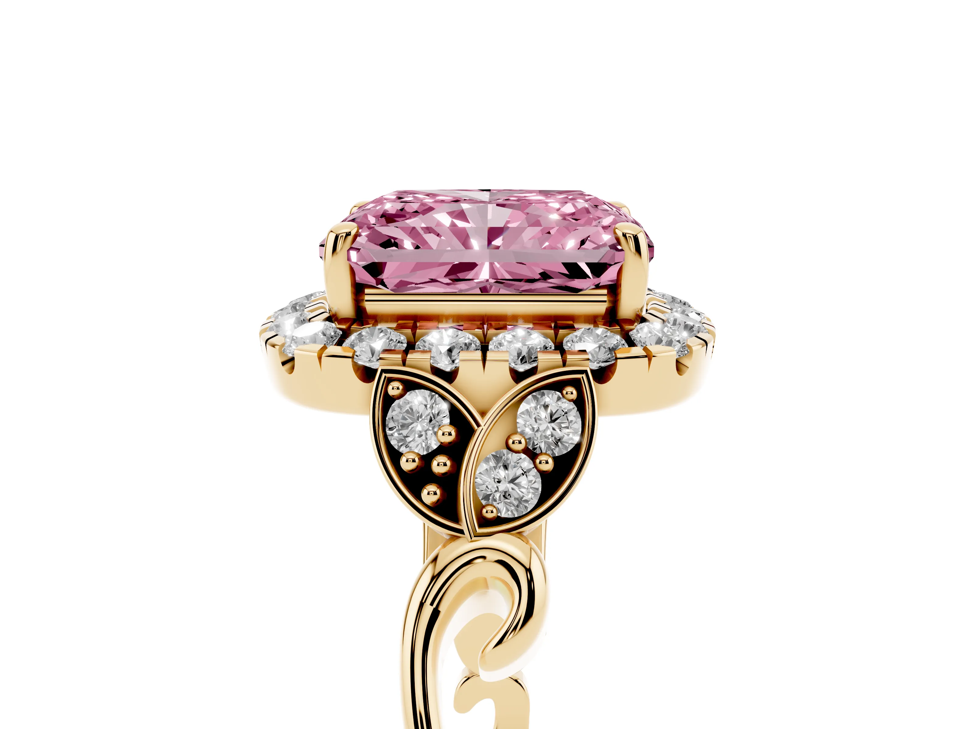 Fancy Pink Radiant Cut Diamond Halo Engagement Ring Set in Yellow gold with Vintage-Inspired Band and Prong Setting