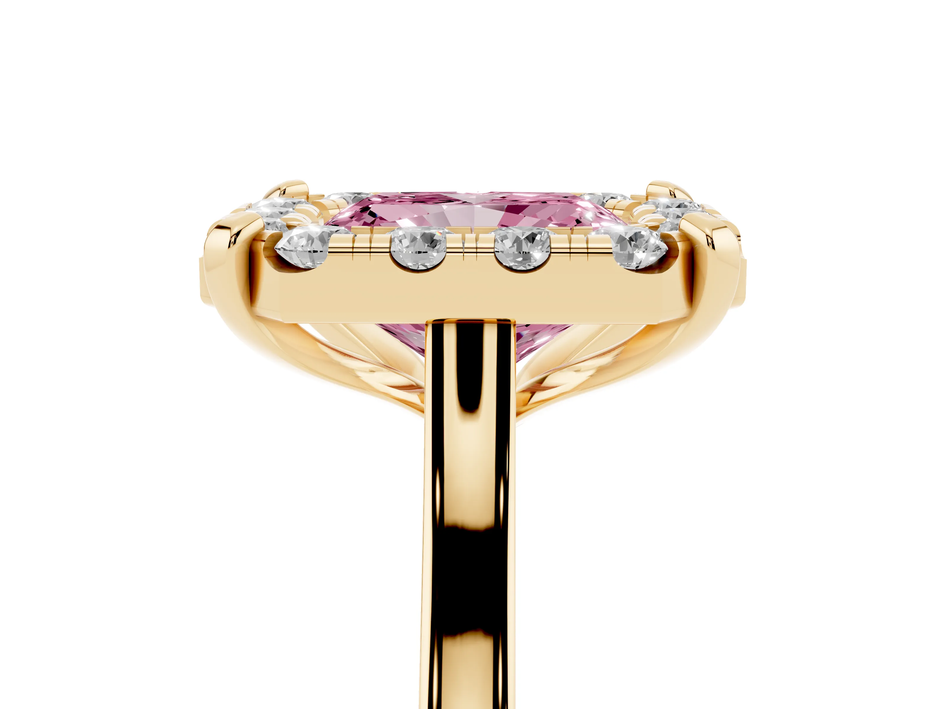 Fancy Pink Radiant Cut Diamond Cluster Halo Solitaire Ring Set in Yellow gold with Prong Setting